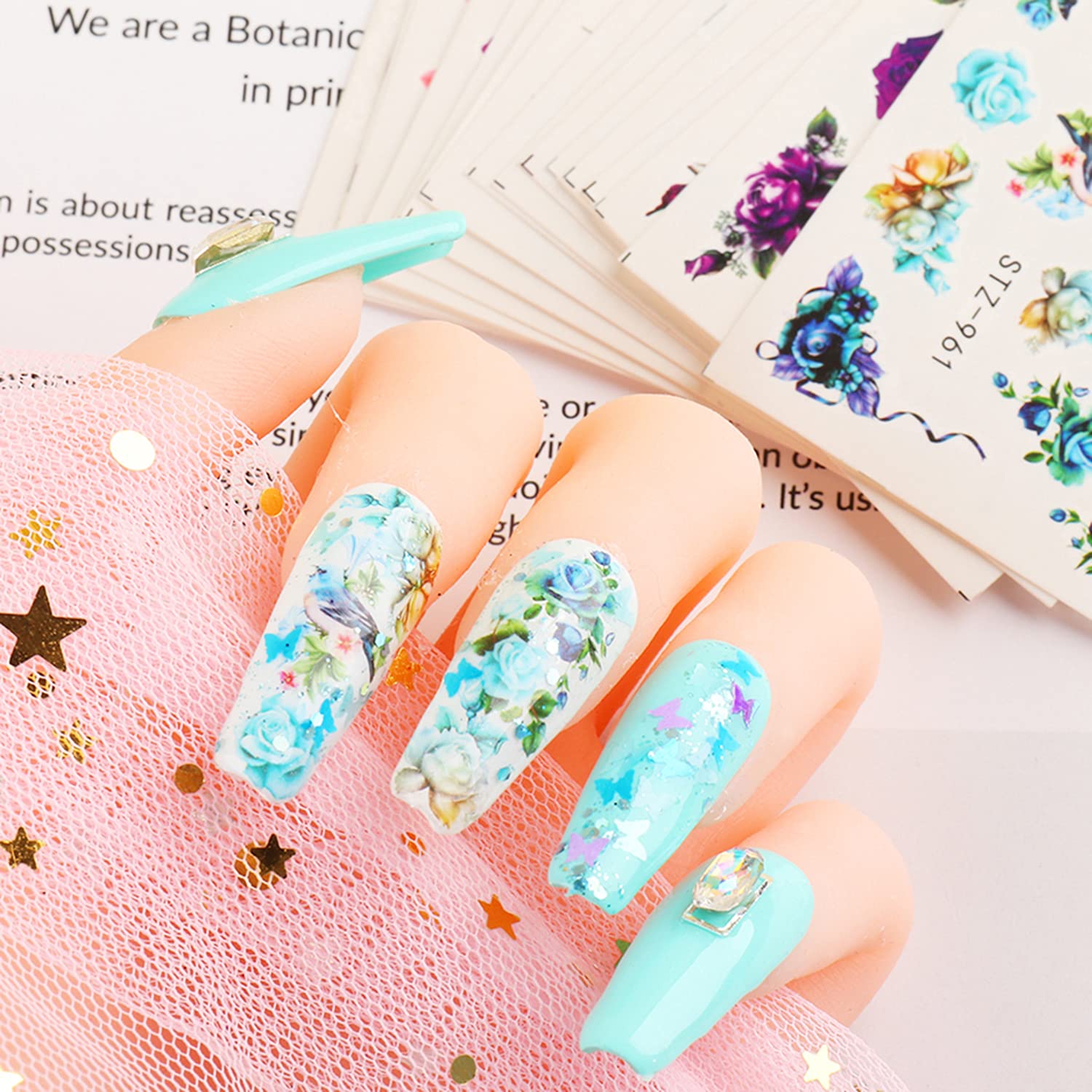 24 Sheets Flowers Nail Art Stickers Water Transfer Decals Floral Butterfly Rose Nail Art Design Nails Supplies For Women Girls M