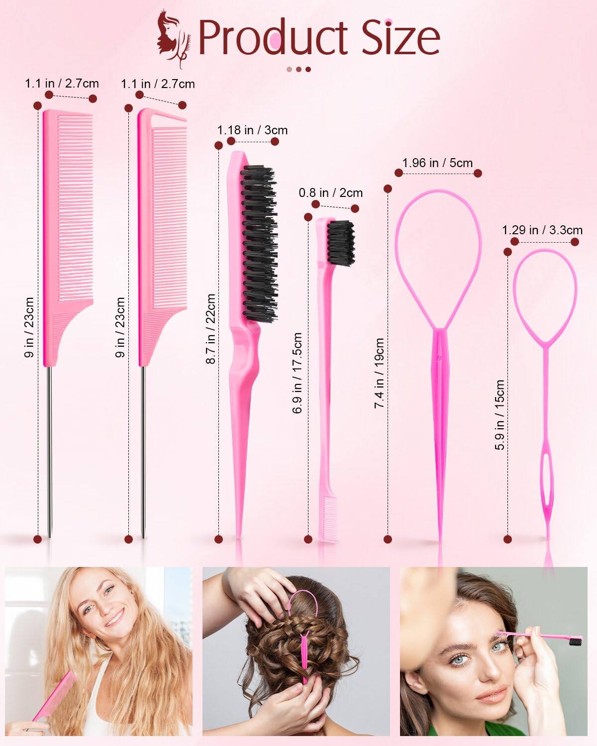 Aigee 8Pcs Hair Styling Combs Set Include 4Pcs Topsy Hair Tail Tools 2 Styles Of Rat Tail Comb,1Pcs Bristle Teasing Slick Back H