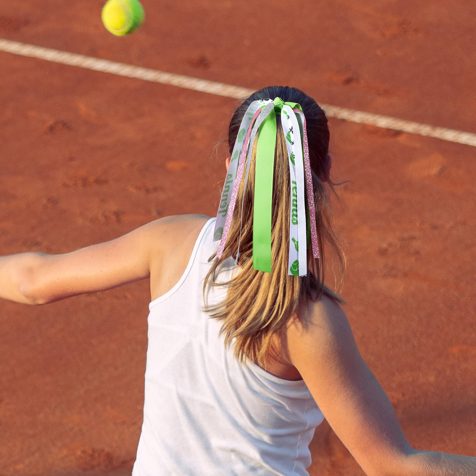 Tennis Ponytail Holder Streamer Hair Tie for Girls, 8.7 Glitter Ribbon No Crease Elastic Band Accessory with Tennis Racket Desig