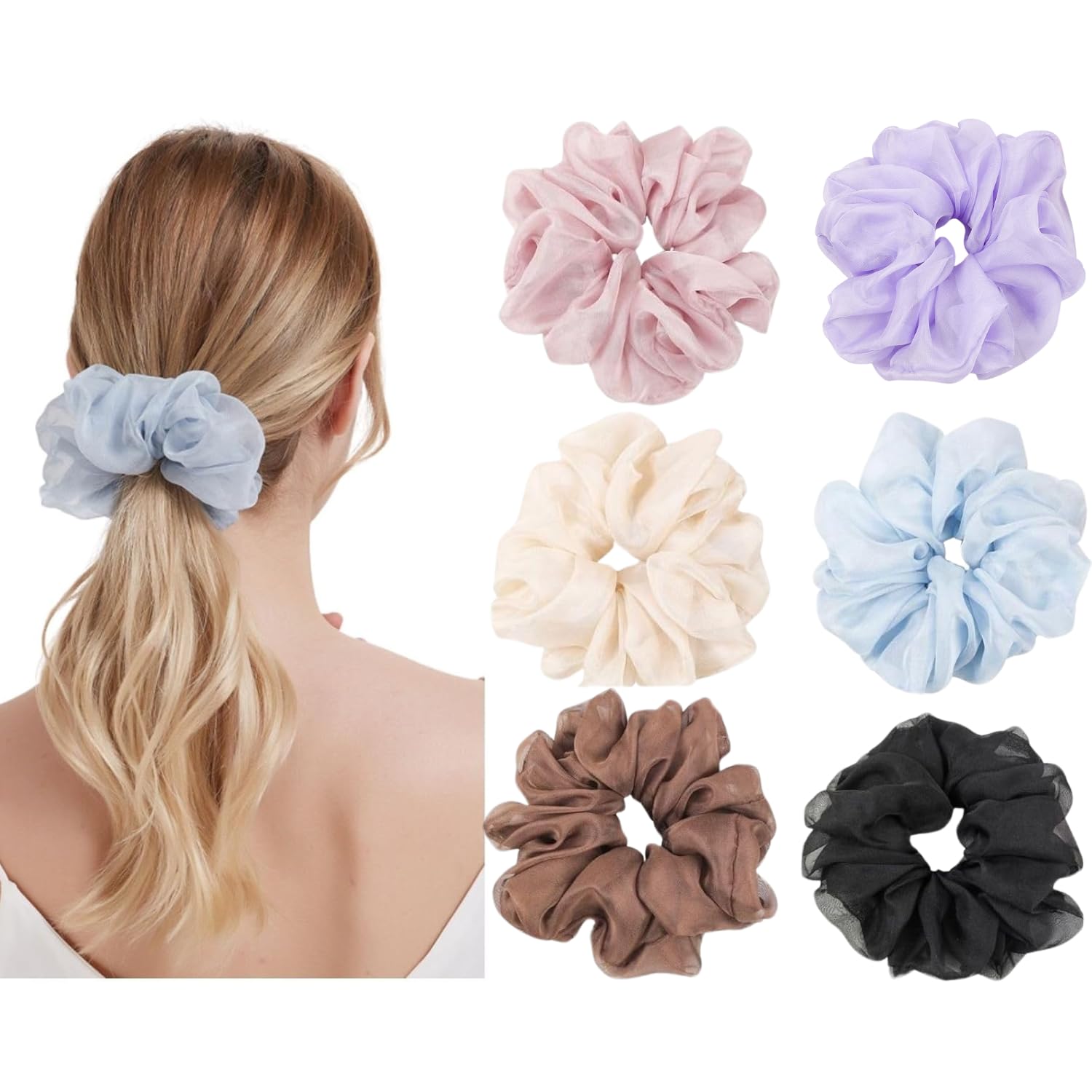 6 Packs Soft Oversized Chiffon Scrunchies Jumbo Giant Large Organza Scrunchies Chiffon big Scrunchy Elastic Hair Ties for Women and Girls
