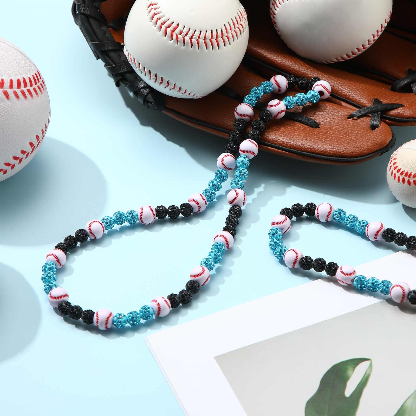 Liliaafar 6 Pcs Baseball Beaded Necklace for Teenager Bling Rhinestone Clay Beaded Necklace Gifts for Sports Team Fans(Black, Li