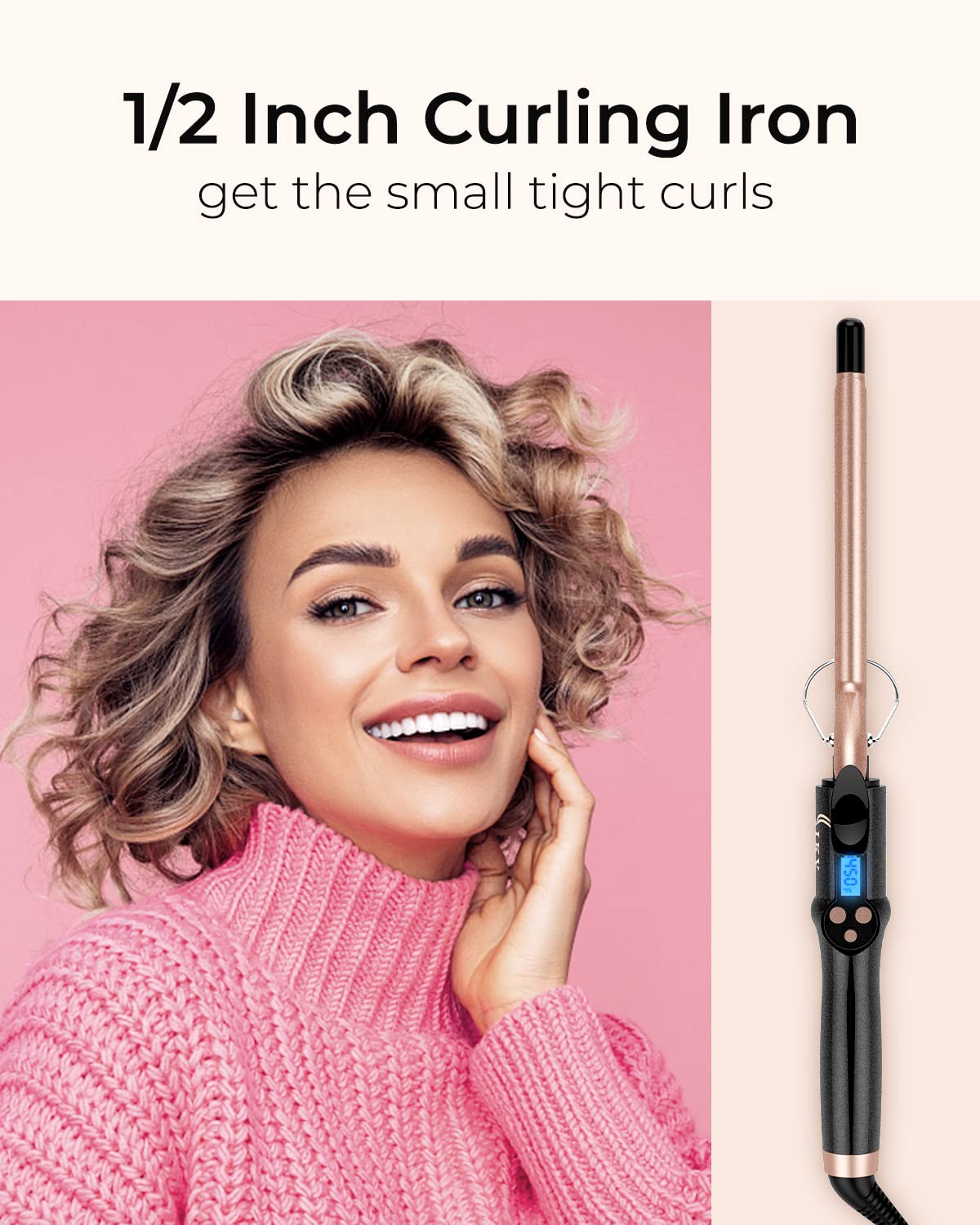 Small Curling Iron, 1/2 Inch Long Barrel for Short Hair, Ceramic Skinny Curling Wand
