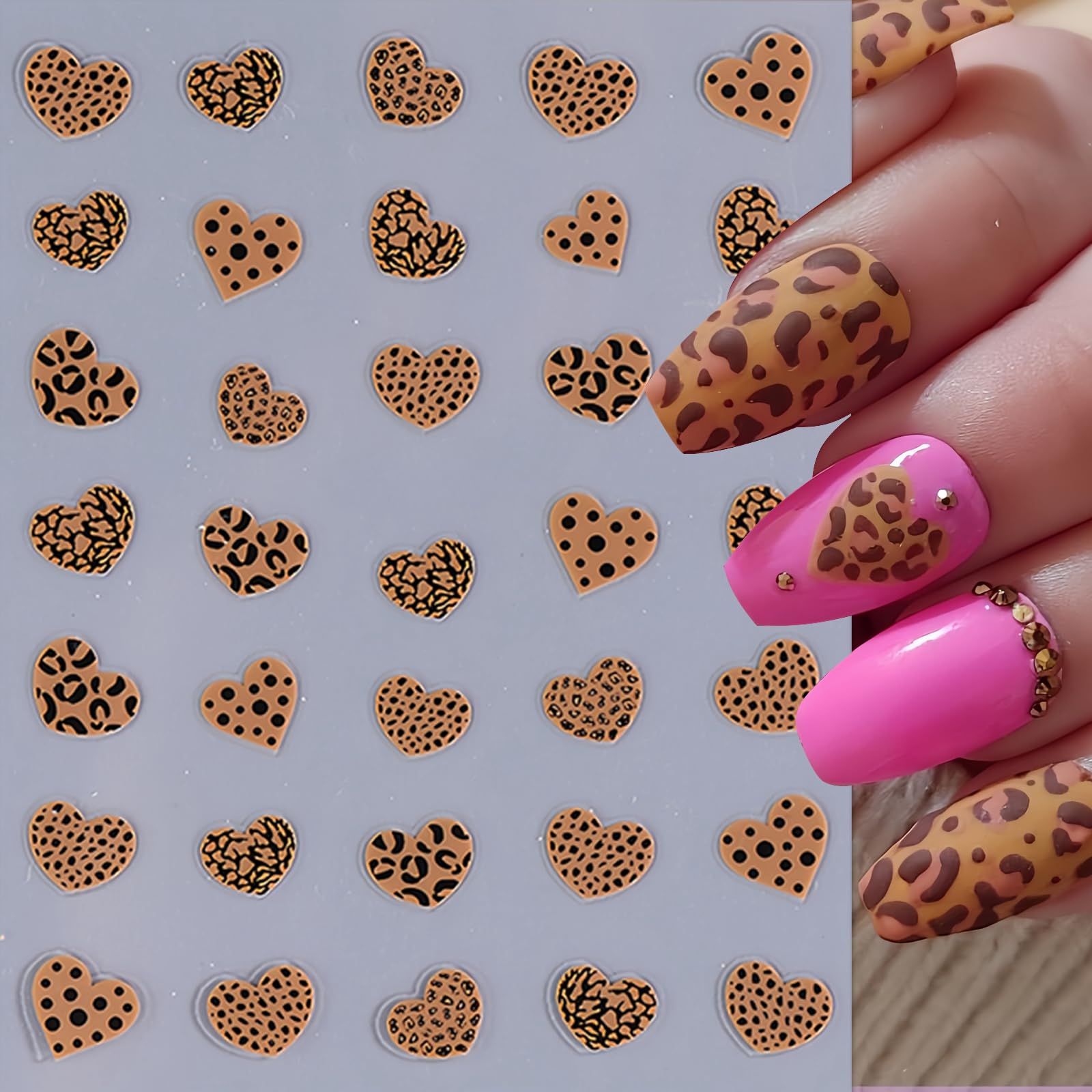 6 Sheets Heart Nail Art Stickers 3D Self Adhesive Leopard Print Design Valentine'S Day Nail Supplies Brown Purple Black Love Hea