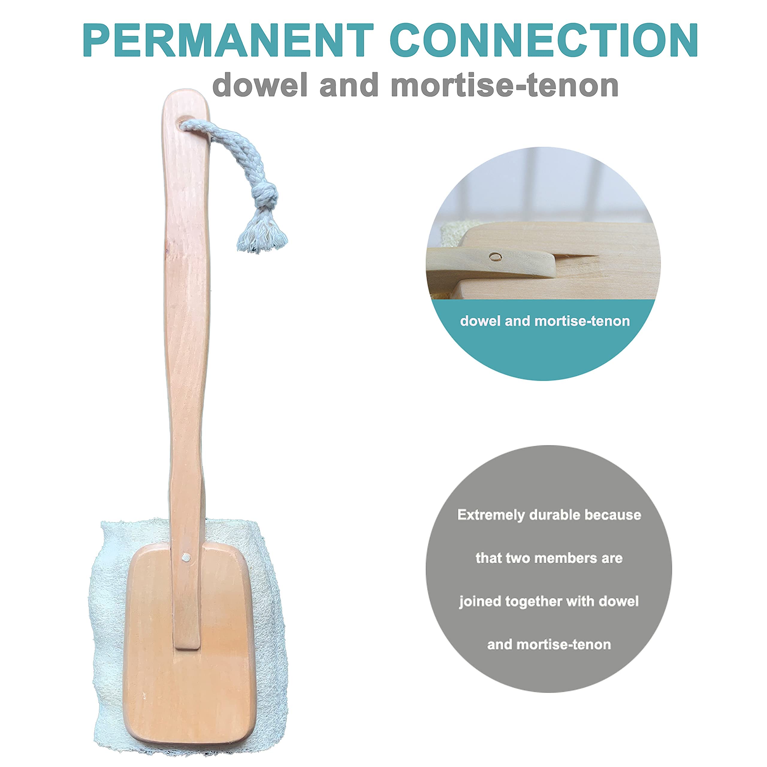 Mr.Cui'shop Natural Loofah Bath Brush with Long Wooden Handle - Off White, 1 Count, Model SG-S-1-1, Exfoliating Shower Scrubber for Men & Women