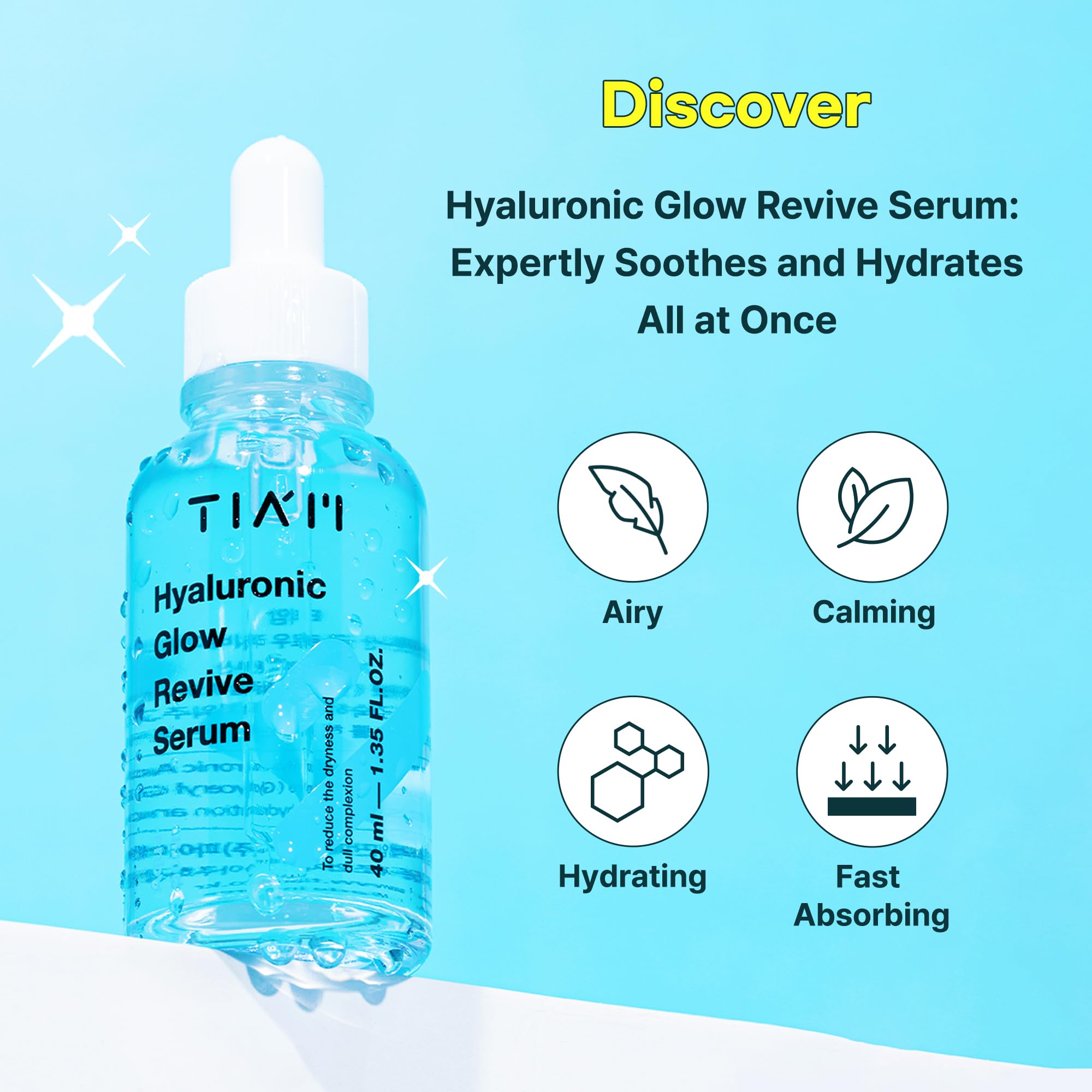 TIAM Hyaluronic Glow Revive Serum, 1.35 fl oz, Lightweight & Non-Sticky Face Serum for Deep Hydration and Calming, Ideal for Dry