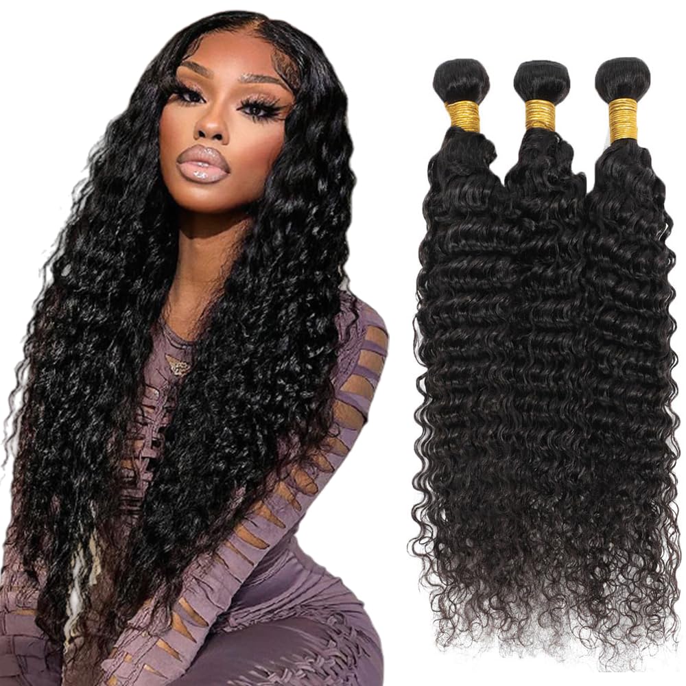 22 24 26 Inch Deep Wave Bundles Human Hair 3 Bundles 50 Grams Per Bundle 10A Grade Unprocessed Brazilian Virgin Hair #1B Natural