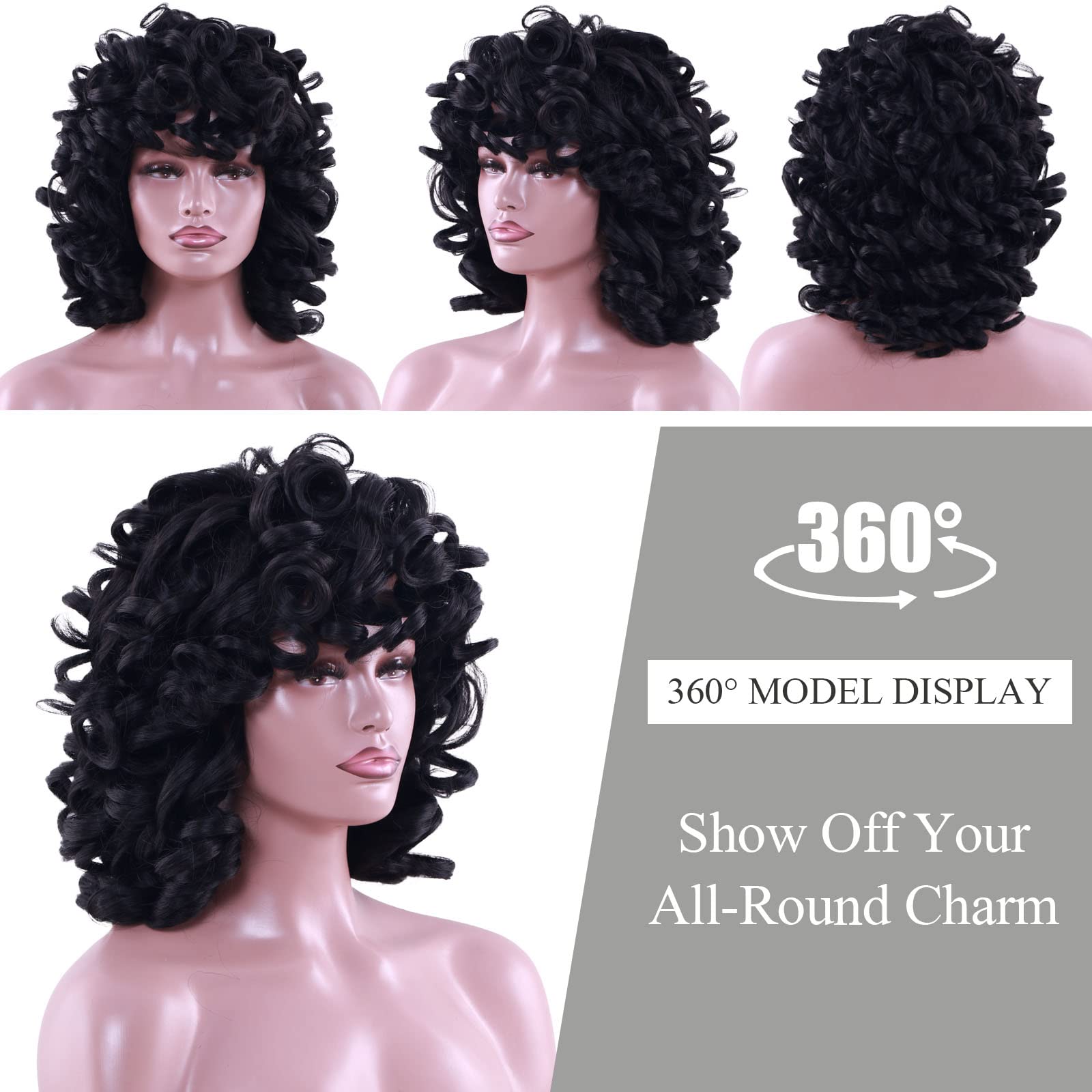 Kavsni Short Curly Wigs for Black Women Soft Black Big Curly Wig with Bangs Afro Kinky Curls Heat Resistant Natural Looking Synt