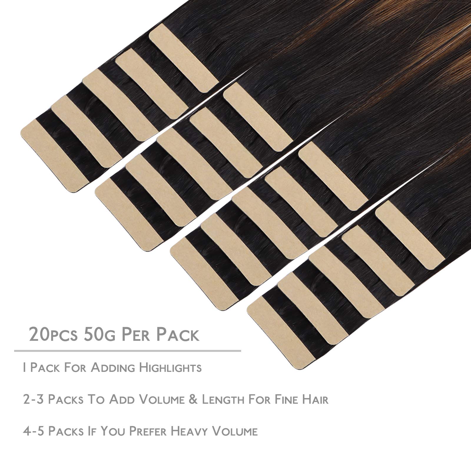 Wennalife Tape In Hair Extensions Human Hair, 20Pcs 50G 16 Inch Natural Black Mixed Chestnut Brown Remy Hair Extensions Straight