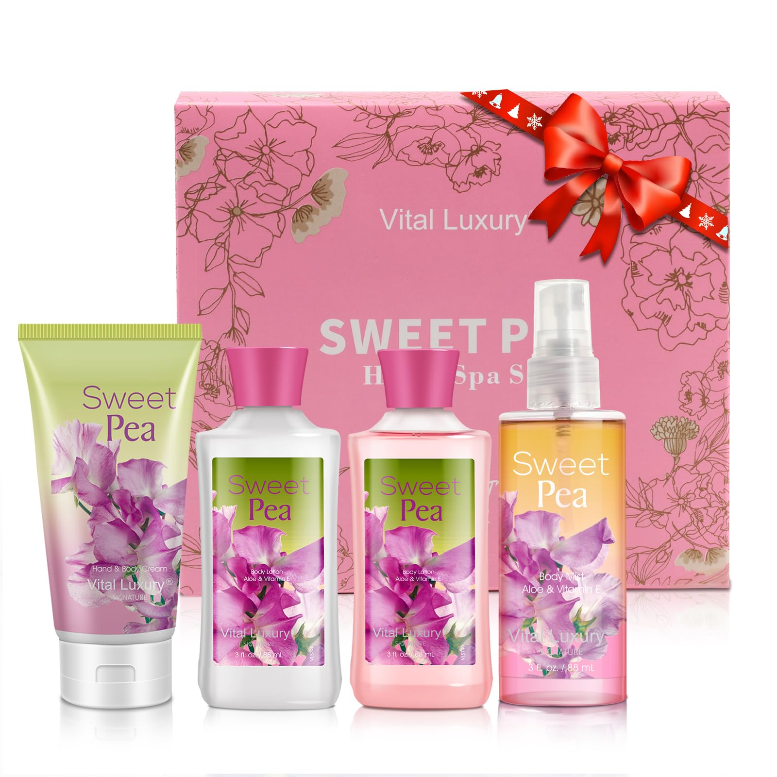 Vital Luxury Sweet Pea Bath & Body Kit, 3 Fl Oz, Ideal Skincare Gift Home Spa Set, Includes Body Lotion, Shower Gel, Body Cream,