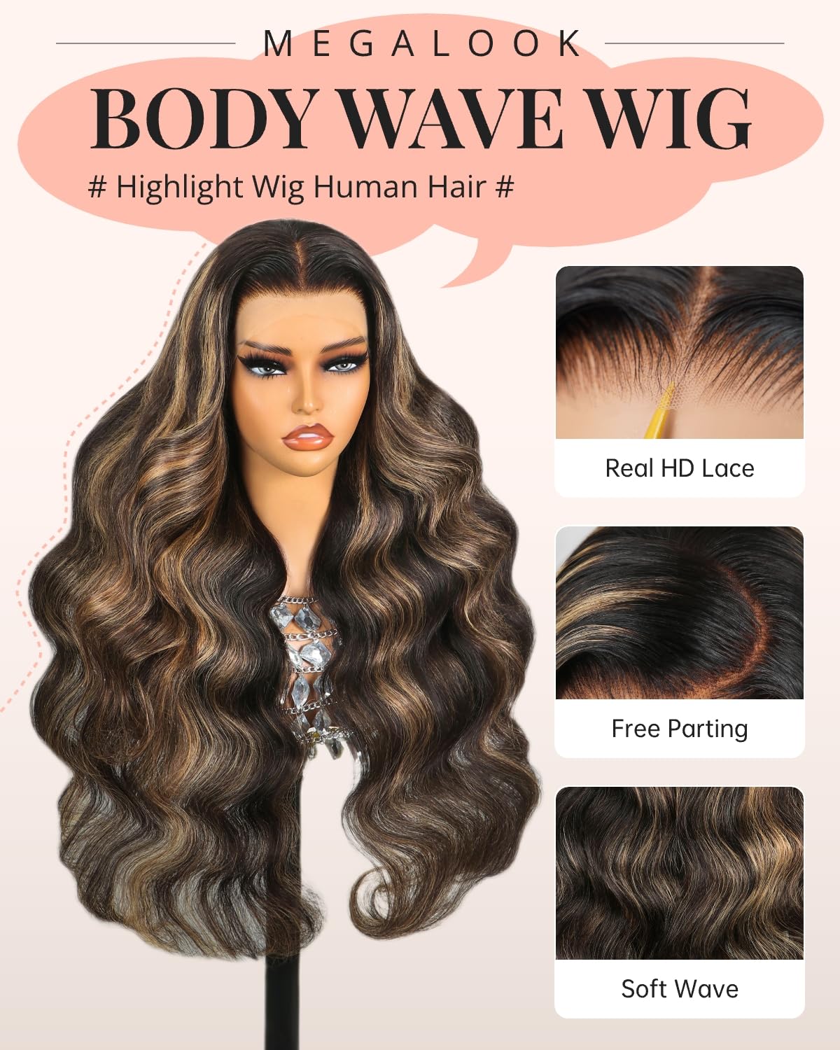 MEGALOOK Highlight Lace Front Wig Human Hair 200% Density Balayage Wig Human Hair 13x4 Ombre Lace Front Wig Human Hair Pre Pluck