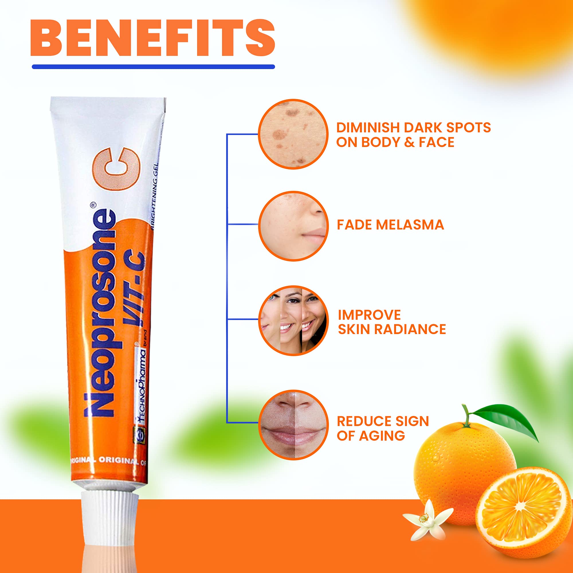 Neoprosone, Vitamin C Gel - 1 Fl Oz / 30 Ml - Brightening Gel Cream For Neck, Face, Body, Armpit, Hands - For Women And Men, Wit