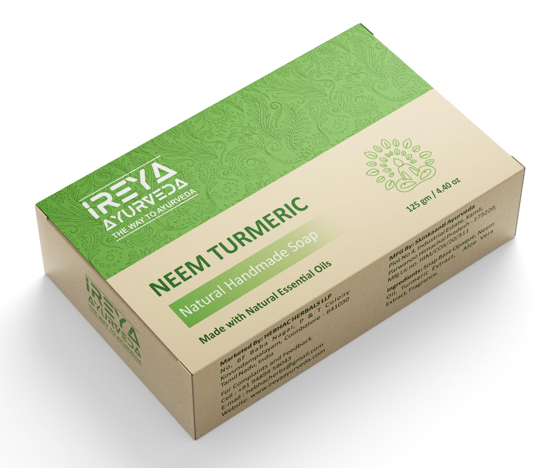 Neem Turmeric Soap - 125 g (4.41 oz) - Ayurvedic Natural cleansing soap Free from Parabens, SLS and Gluten Free, Vegan, Handmade