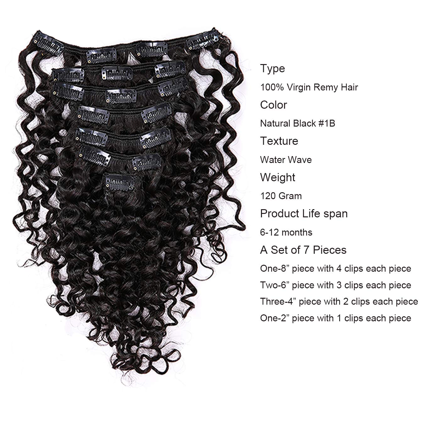 Anrosa Water Wave Clip In Hair Extensions Human Curly Hair Natural Black 1B Double Weft For Black Women, Wave, 20 Inch 120 Gram