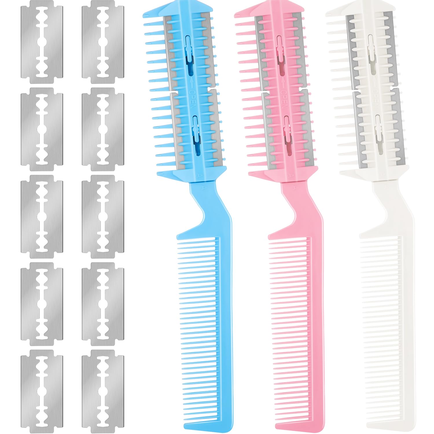 Maitys Hair Cutter Comb, 3 Pieces Razor Comb with 10 Pieces Razors, Hair Thinning Comb Slim Haircuts Cutting Tool (Blue, Pink, W