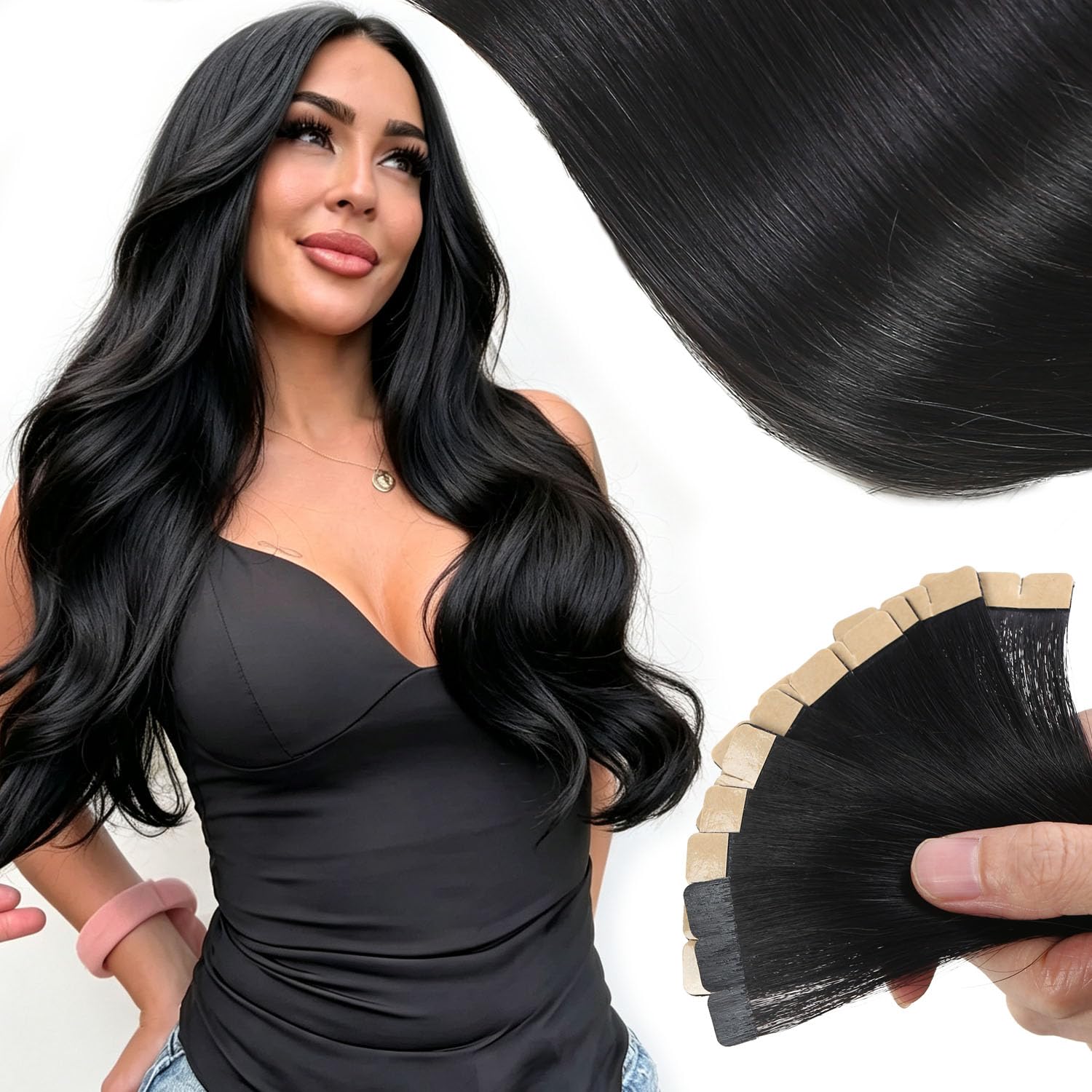 WIGNEE Tape In Hair Extensions Human Hair,Black 18 Inch, 40PCS, 80g