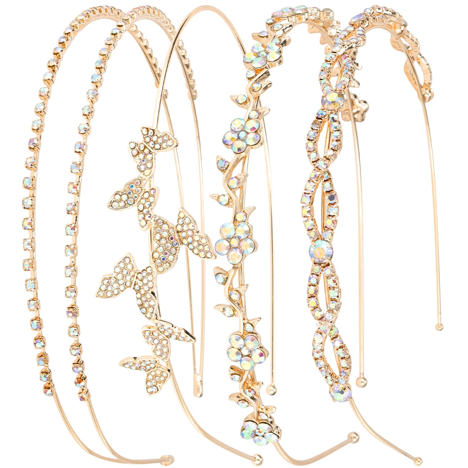 Wecoe 4 Pack AB Rhinestone Headbands Gold Metal Headbands Flower Girl Bridal Wedding Headband Crystal Headpieces Flower Leaf But
