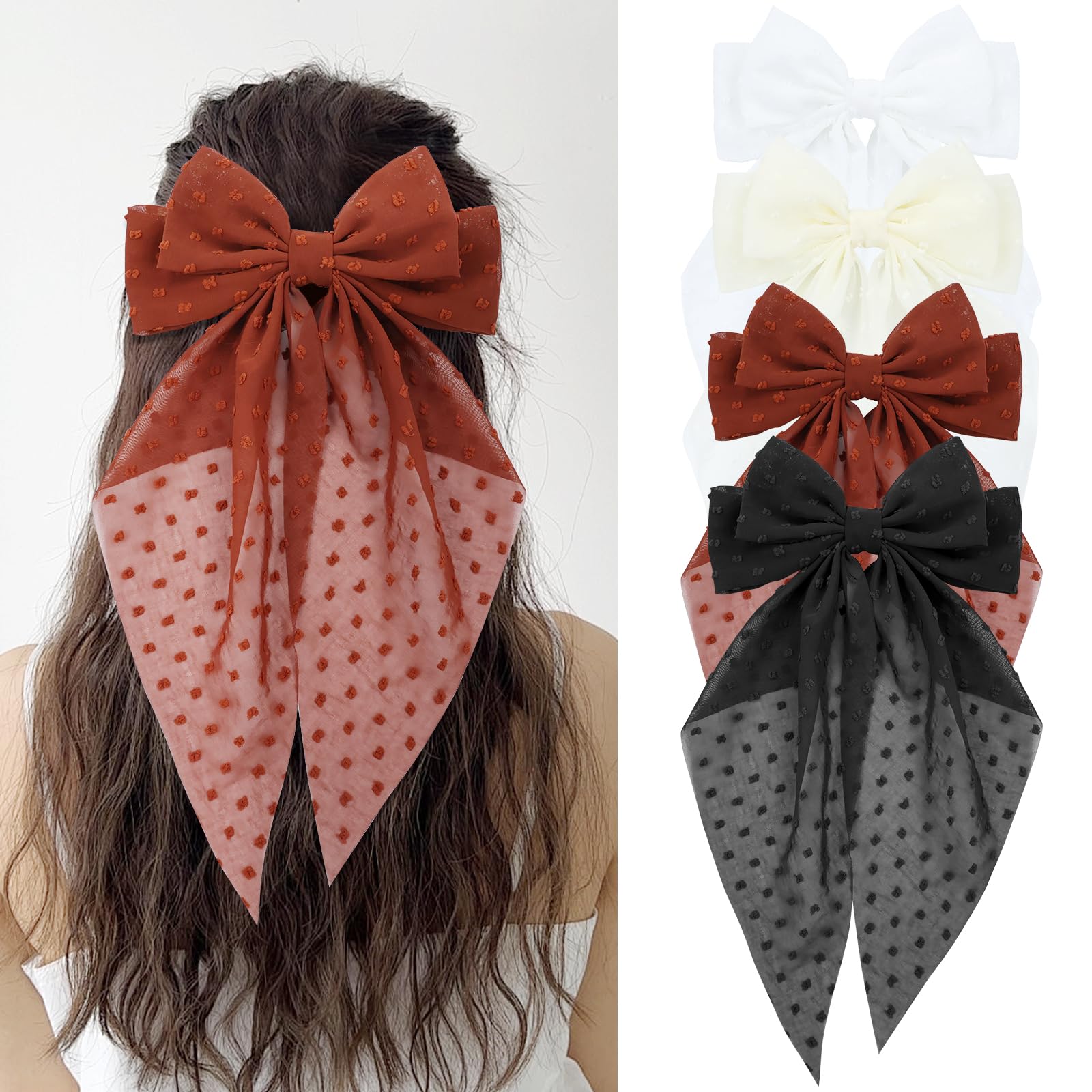 Cinaci 4 Pieces Large Big Oversized Chiffon Hair Bows with Long Tail Bow French Barrettes Hair Clips Accessories for Women Girls