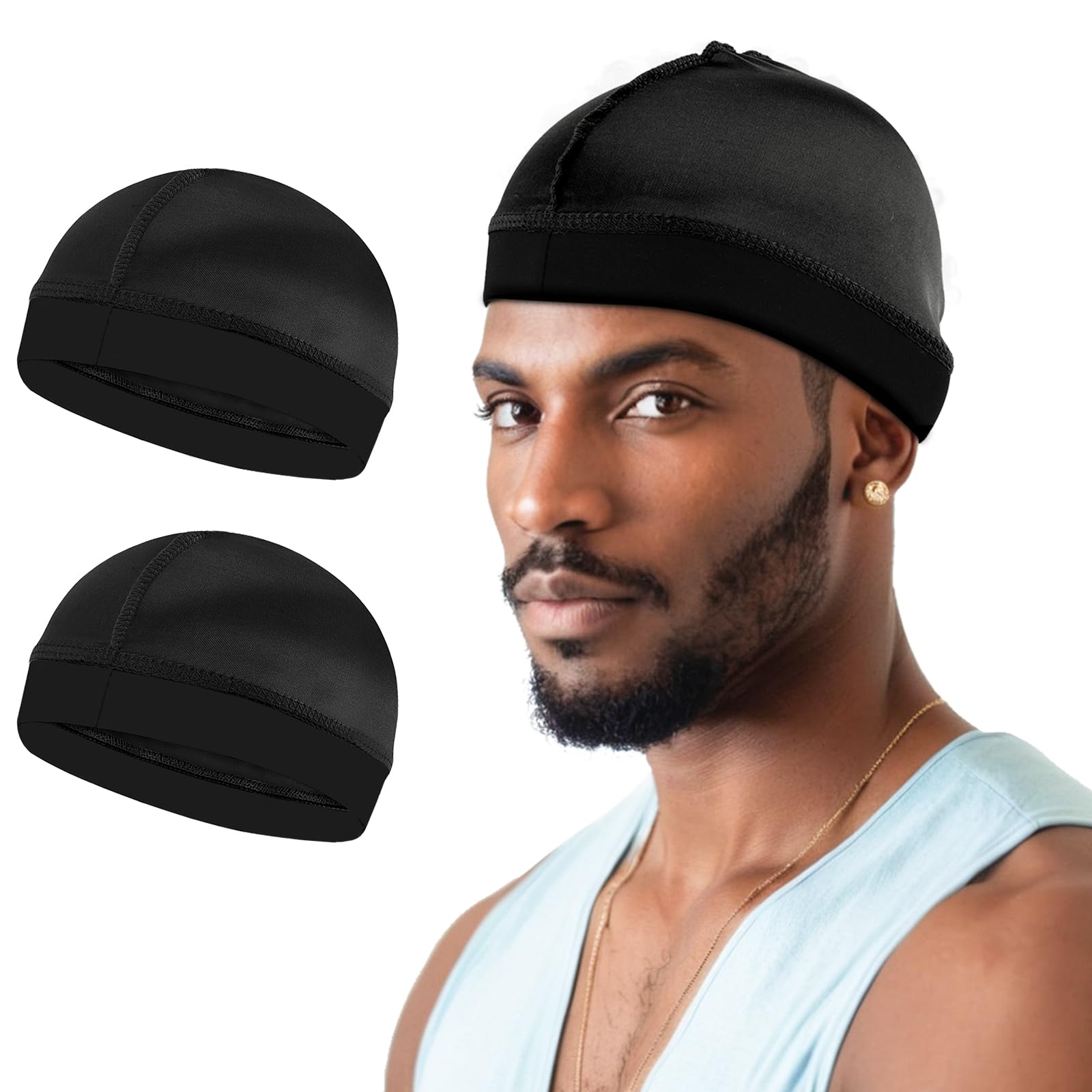2Pcs Wave Cap Silky Stocking Wave Caps for Men, Good Compression Over Durag(Black)