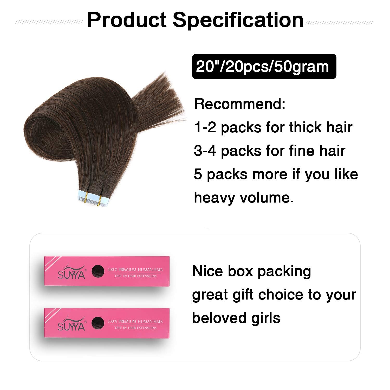 Suyya Tape In Hair Extensions Human Hair 100% Remy Human Hair 20Pcs 50G/Pack Straight Seamless Skin Weft Glue In Hair Extensions