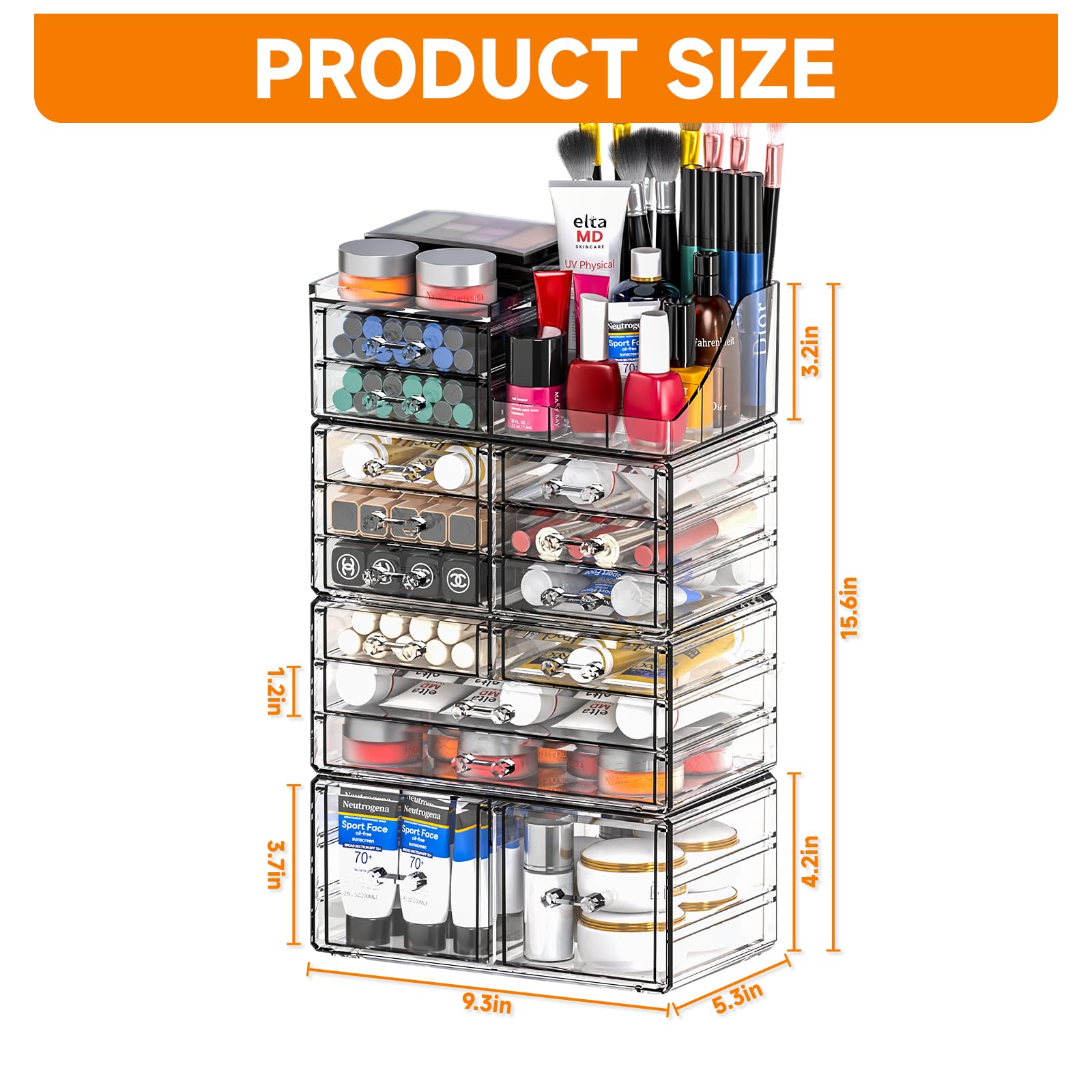 Cq Acrylic Make Up Organizers For Vanity With 14 Drawers, 4 Pack Clear Drawer Organizers,Plastic Cute Desk Accessories Organizat
