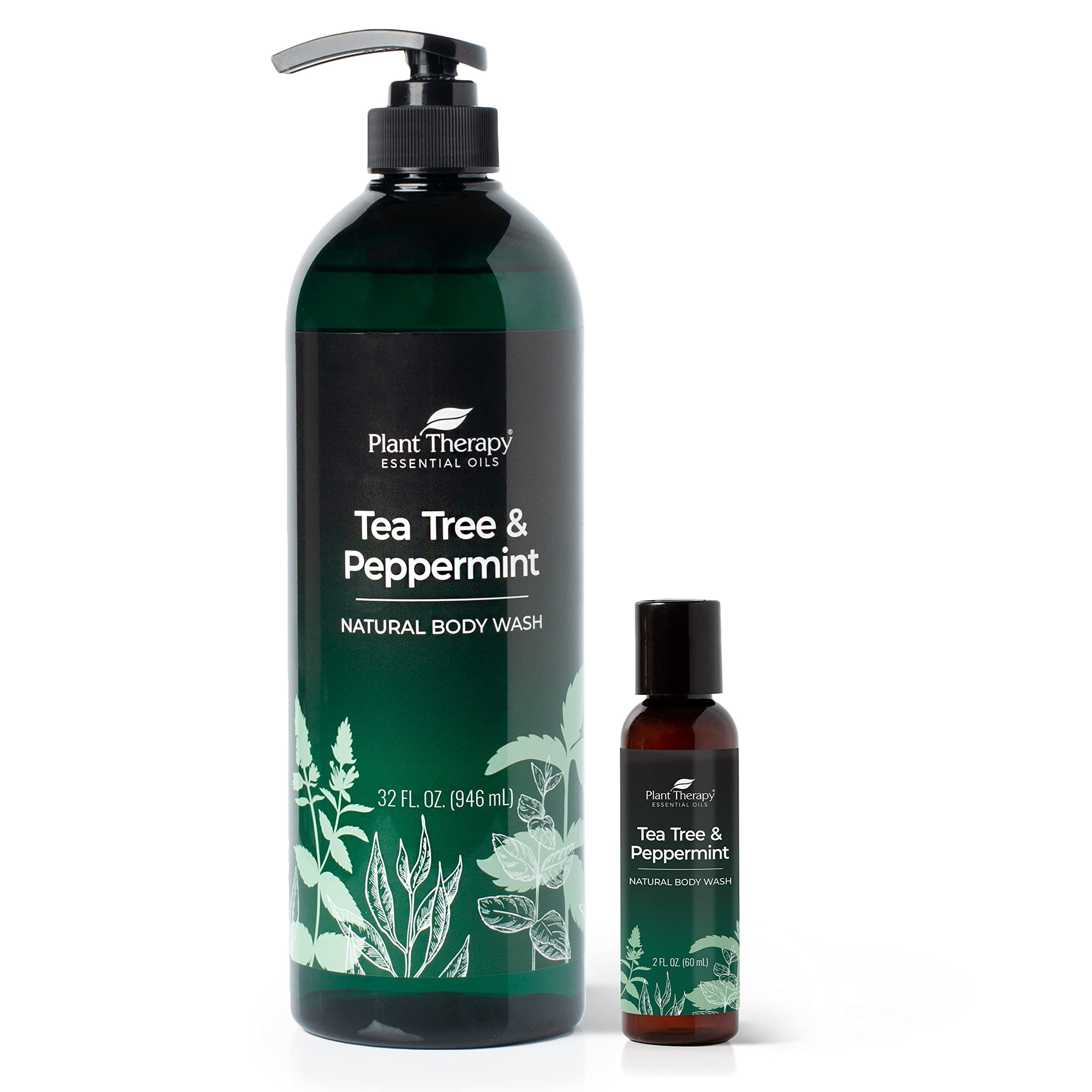 Plant Therapy Tea Tree And Peppermint Essential Oil Natural Body Wash W/Pump 32 Oz With 2Oz Travel Size, For All Skin Types, Sul