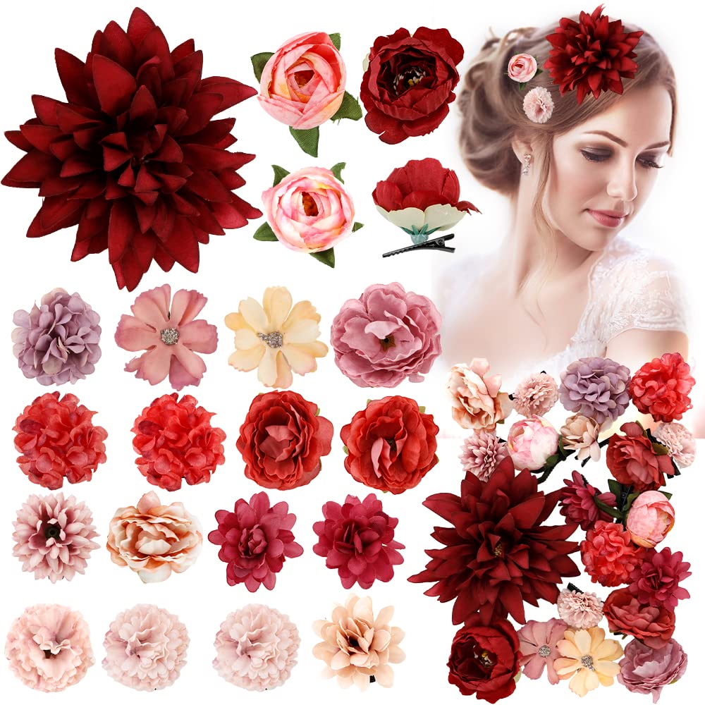 Ahoney 20 Pieces Red Rose Hair Clips for Women Girls Hair, Artificial Flowers Floral Alligator Clips Flowers Hair Pins Valentine