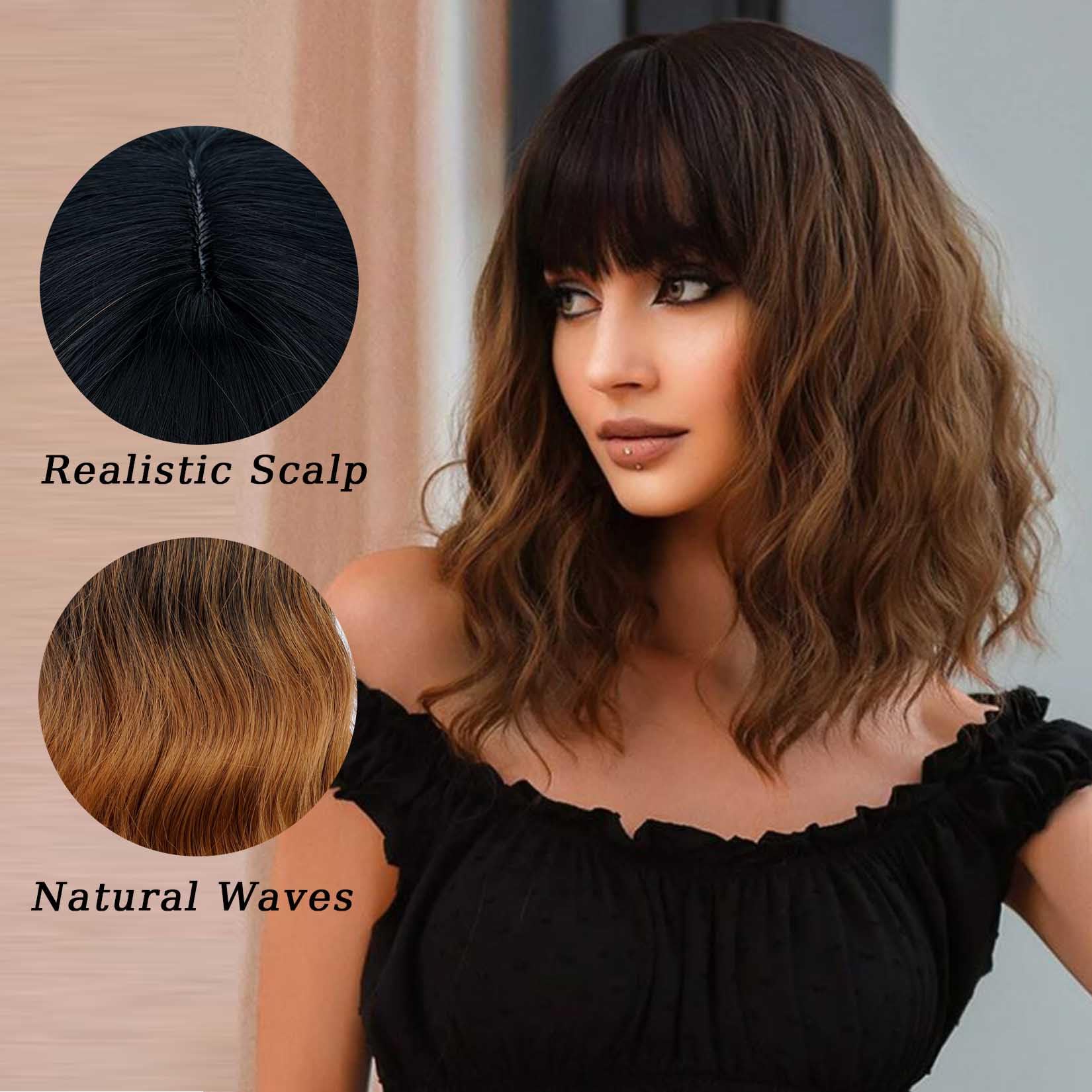 Andromeda Ombre Brown Wig With Bangs Soft Short Bob Wigs For Women Synthetic Shoulder Length Women'S Wavy Wigs For Halloween Cos
