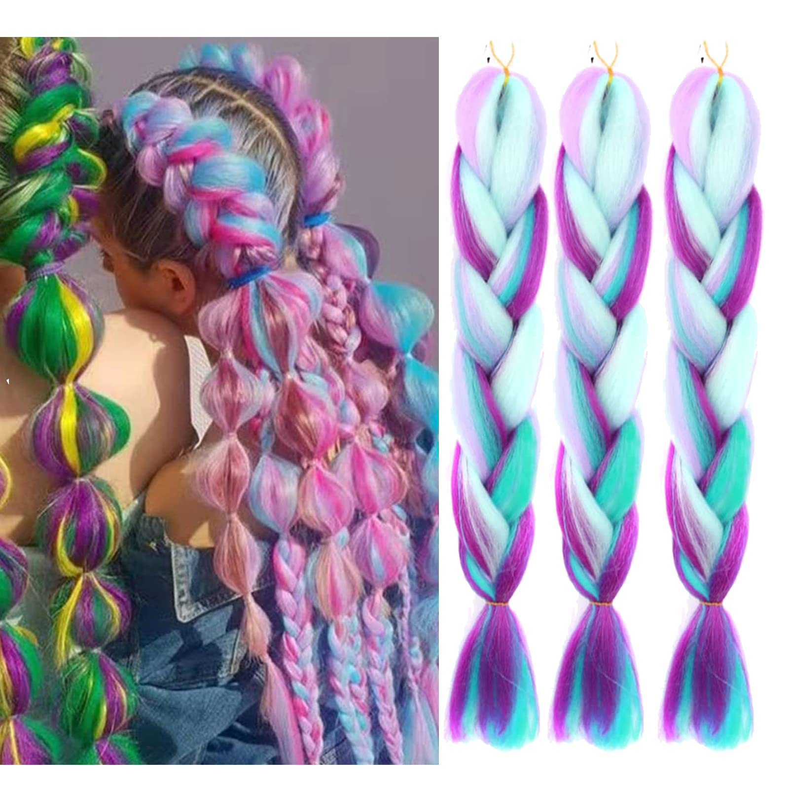 Jumbo Braiding Hair Fiber Mix Four Silky Colorful Twist Rainbow Colors Extensions Kanekalon Synthetic Blue-Light Purple-Pink Sof