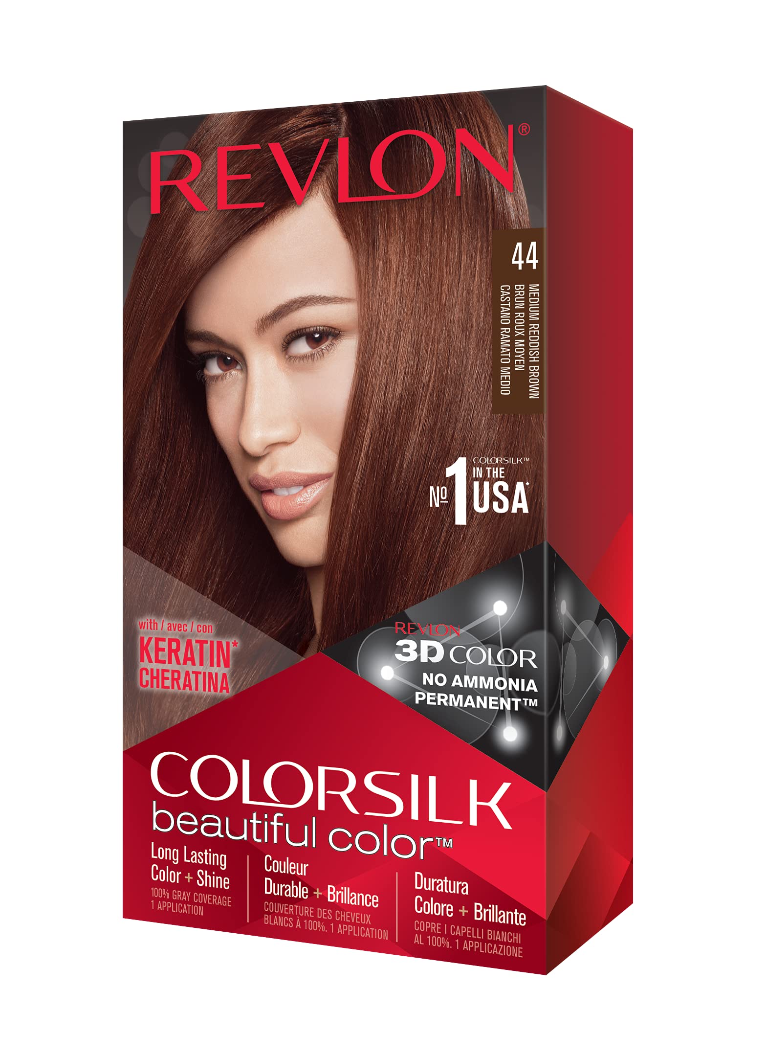 Revlon Colorsilk Beautiful Color, Permanent Hair Dye With Keratin, 100% Gray Coverage, Ammonia Free, 44 Medium Reddish Brown