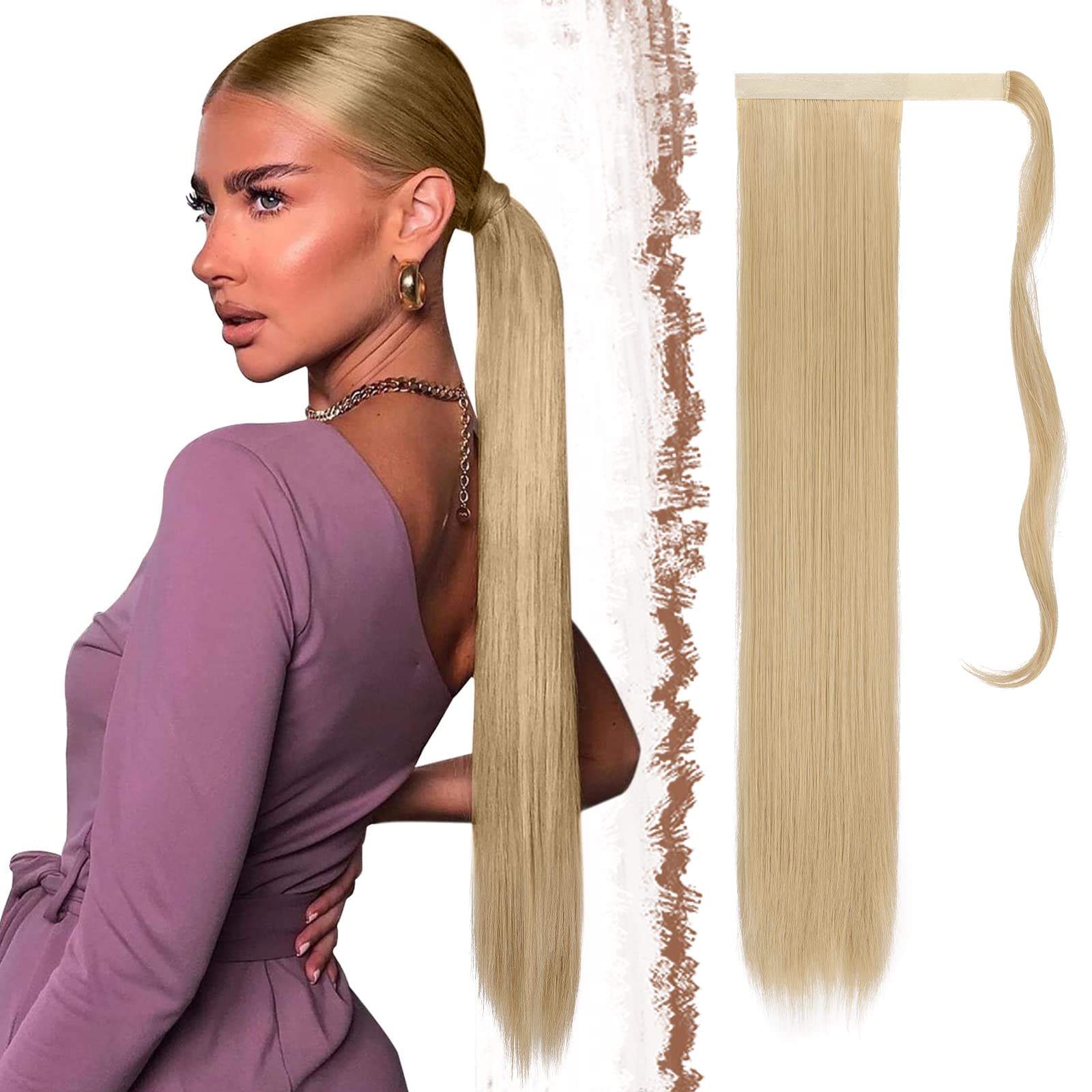 Feshfen Straight Long Ponytail Extensions 24 Inch Ash Blonde Wrap Around Synthetic Ponytails Hair Piece Pony Tail Hair Extension