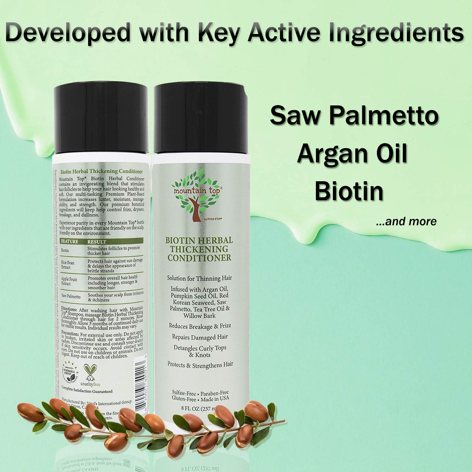 Mountain Top Biotin Herbal Thickening Conditioner (8 Oz / 273 Ml) With Argan Oil, Pumpkin Seed Oil, Saw Palmetto, Tea Tree Oil &
