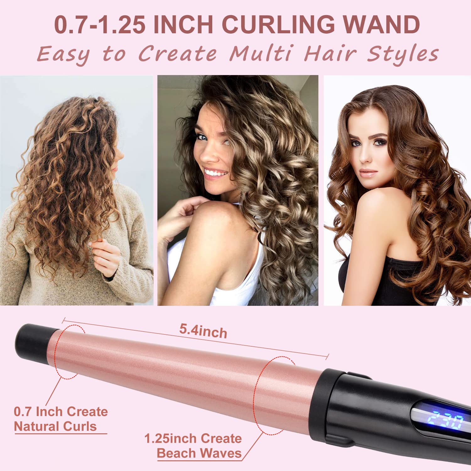 Hair Curling Wand, 0.7-1.25Inch Tapered Curling Iron, Professional Ceramic Hair Curler Wand With Adjustable Digital Temperature,