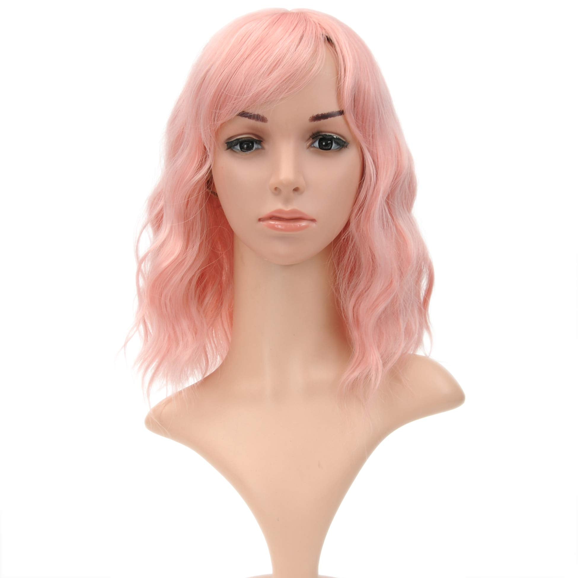 VCKOVCKO Natural Wavy Pastel Pink Wig Colorful Wigs With Air Bangs Short Bob Wigs Women's Shoulder Length Wigs Curly Wavy Synthe
