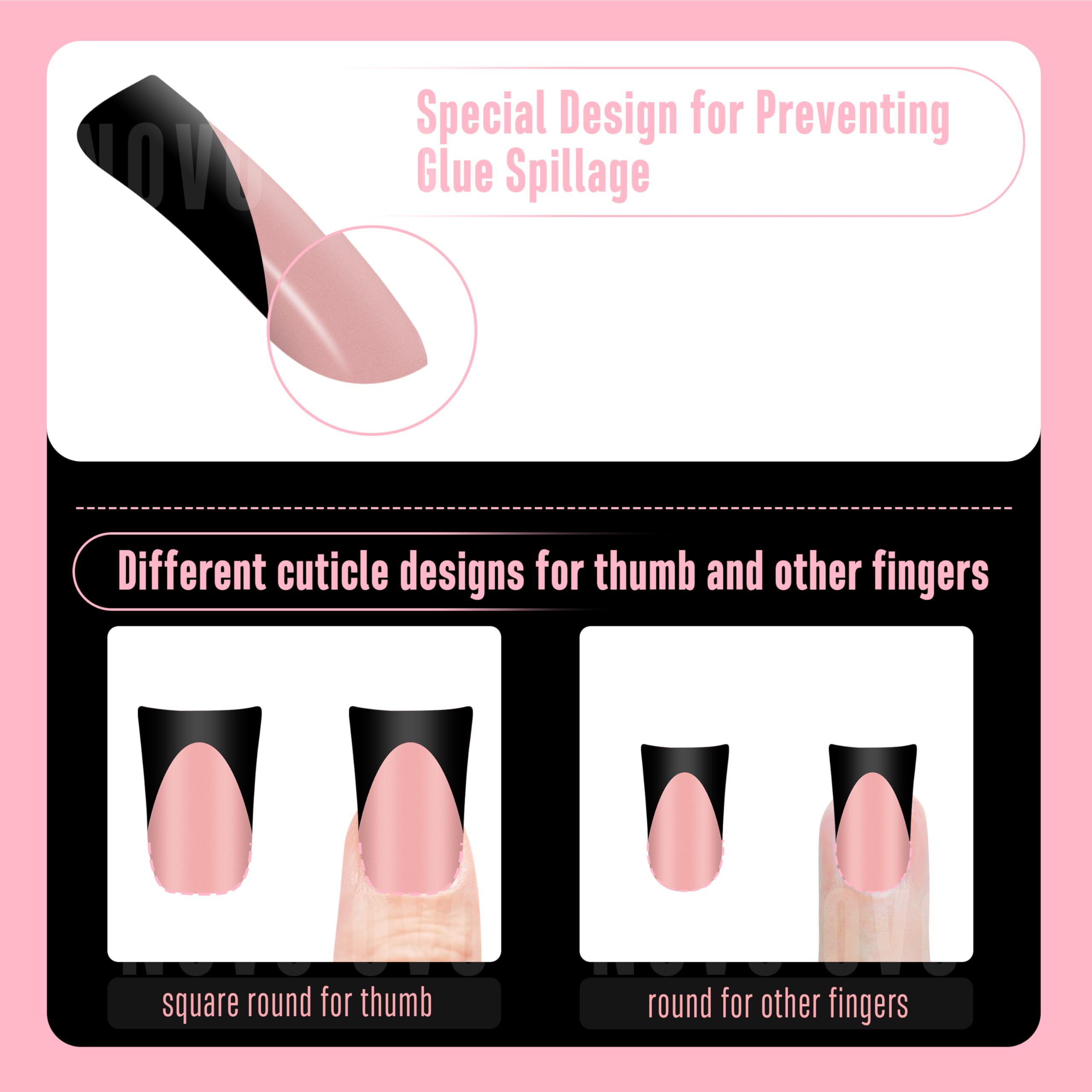NOVO OVO Black French Tip Short Duck Nail Tips Press on, BABY PINK Pre-designed Soft Gel Nail Extension, Extra thick Full Cover