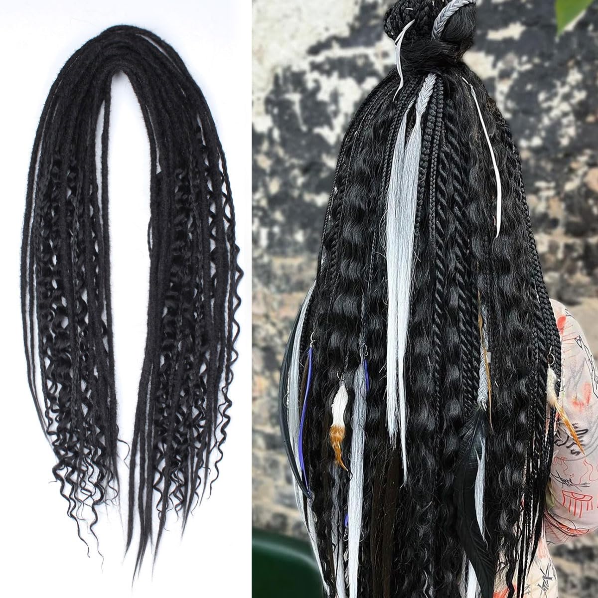 KRALER 24 Inch Mixed DE Dreadlock Extensions Sets, 3 in 1 20 Strands Synthetic Double Ended Dreads Extensions, Black Hippie Croc