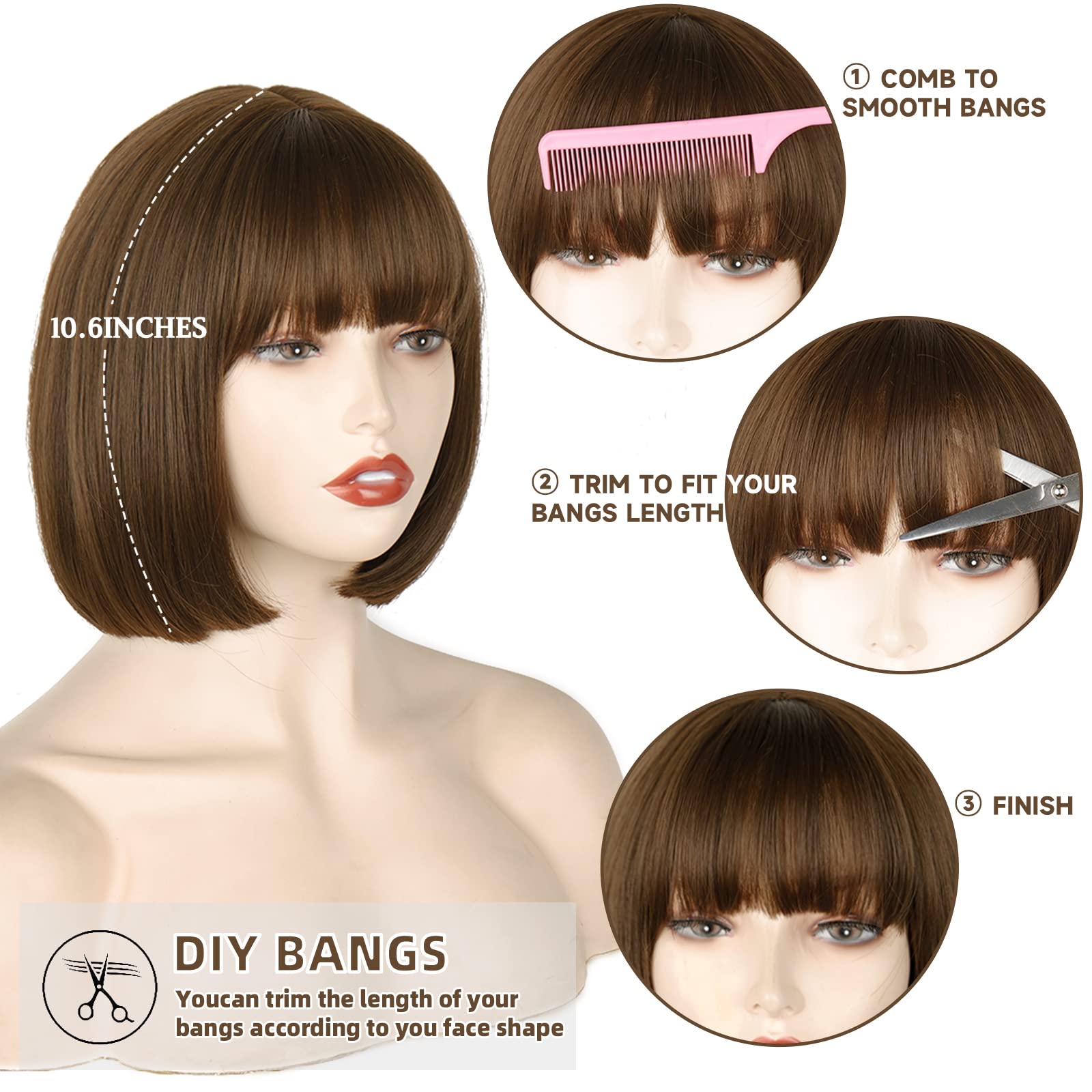 Werd Short Brown Bob Wig With Bangs,Brown Straight Bob Wig For Women,Brown Bob Wig Heat Resistant Fiber For Cospaly Velma