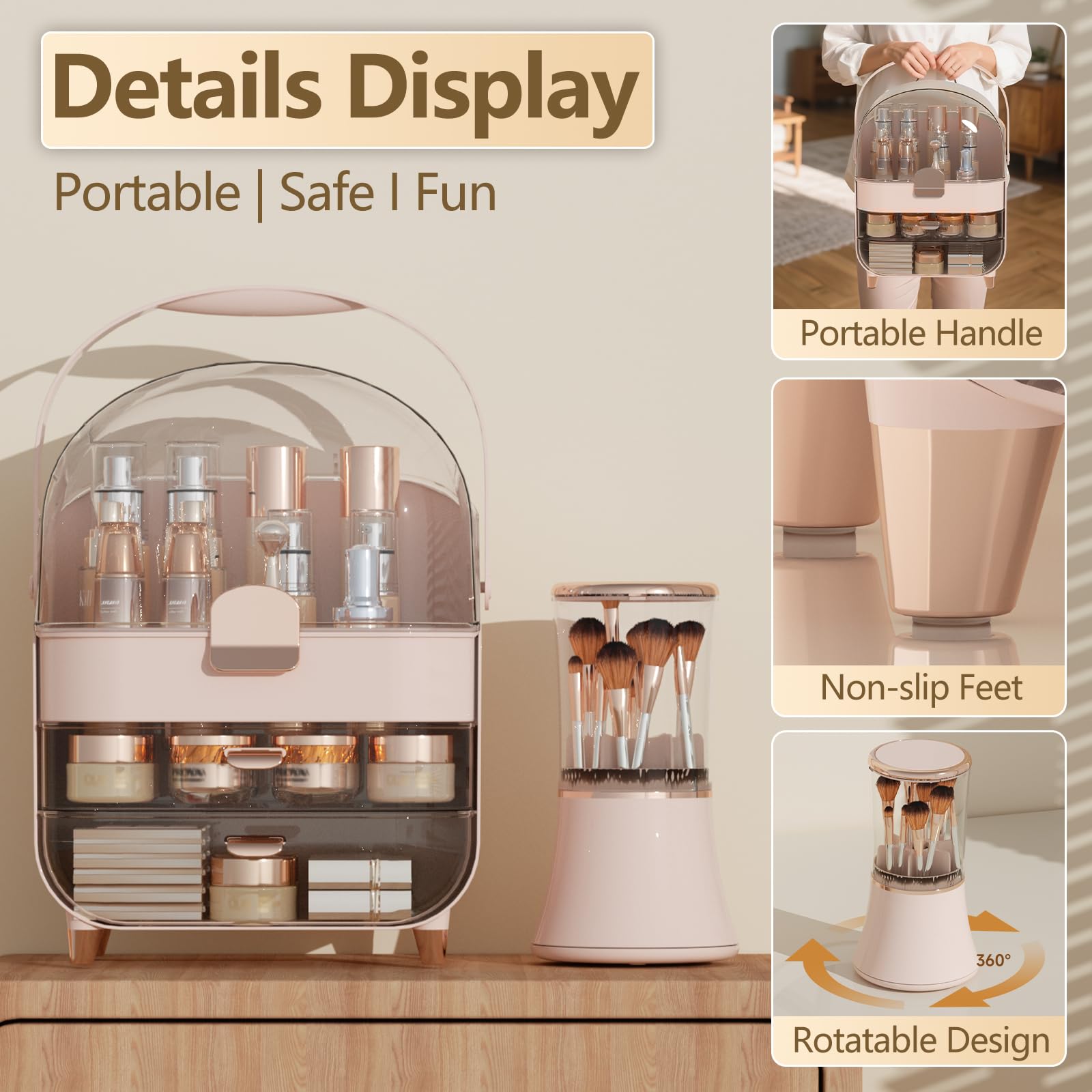CLBDRESS Makeup Organizer, Skin Care Organizer with Drawers and Lid, Cosmetic Storage Box with Handle, 360 Rotating Display Case