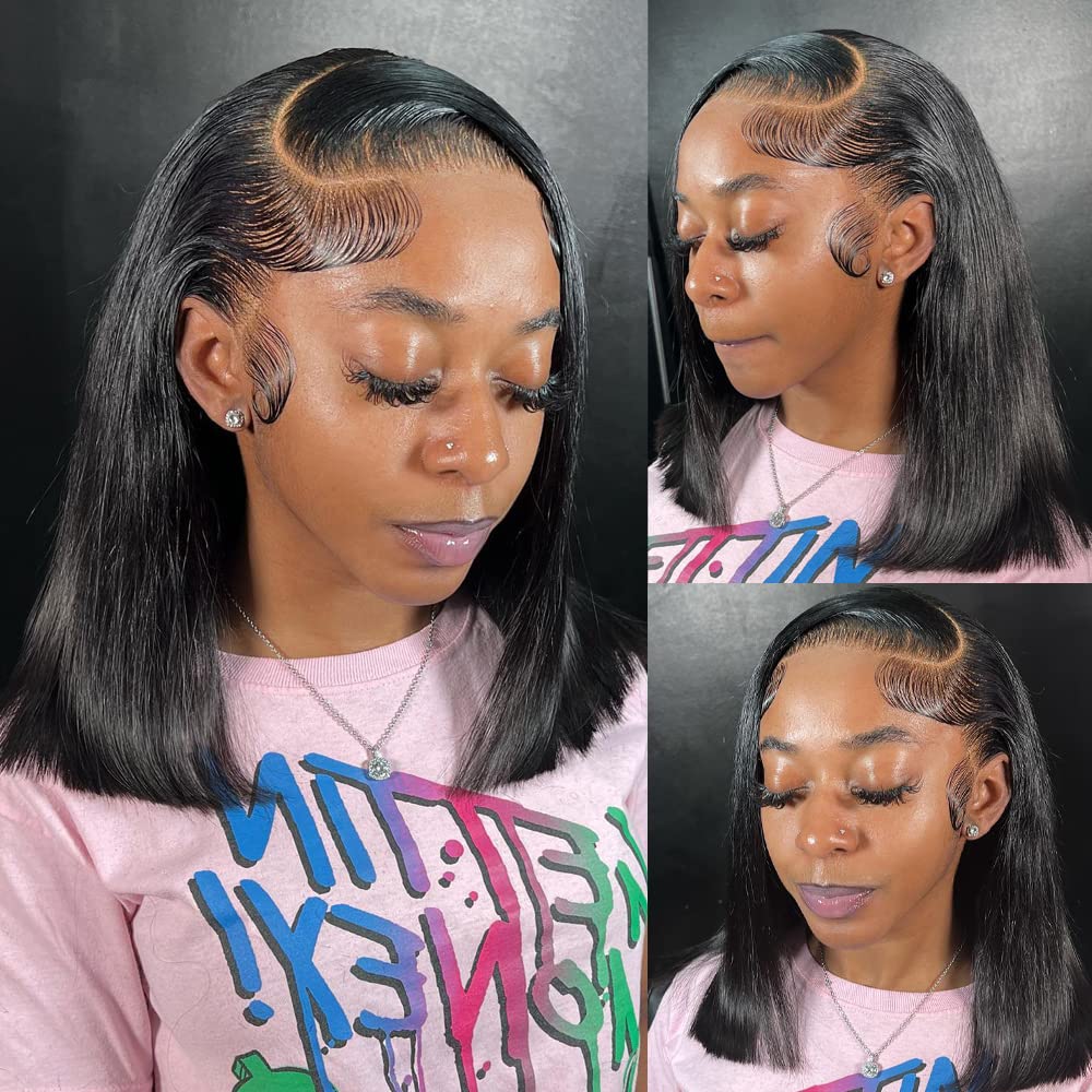 Karlami 13X4 Bob Wig Human Hair 16 Inch Straight Black Bob Wig 150% Density Bob Frontal Wigs Human Hair with Baby Hair Pre Pluck