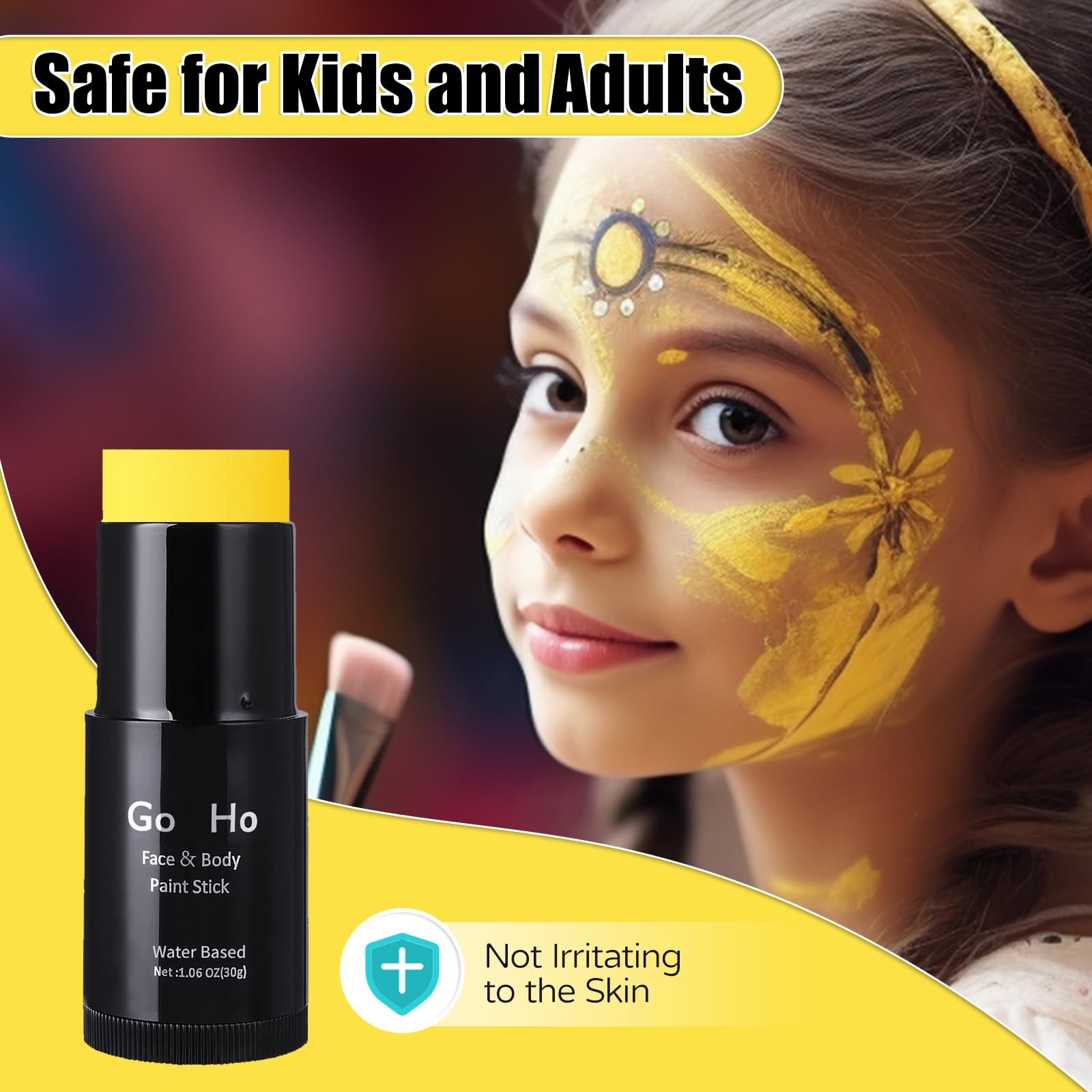 Go Ho Yellow Face Body Paint Stick,Water Based Washable Yellow Face Paint Stick,Non-Toxic Full-Coverage Cream Yellow Body Paint