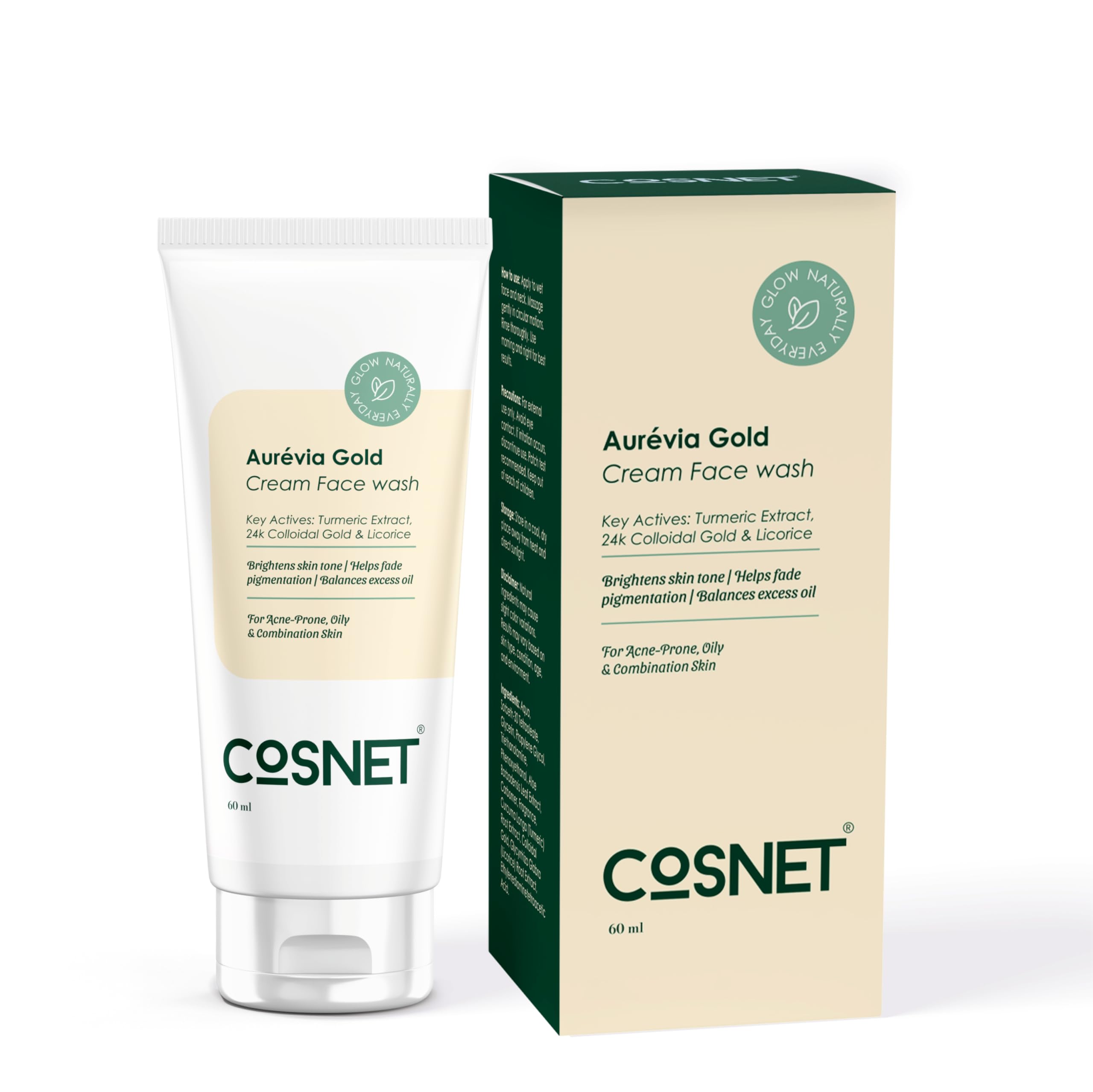 Aurevia Gold Cream Face Wash 60Ml Gentle Skin Cleanser Hydrating For Men & Women For Soft Glowing Skin Travel Friendly
