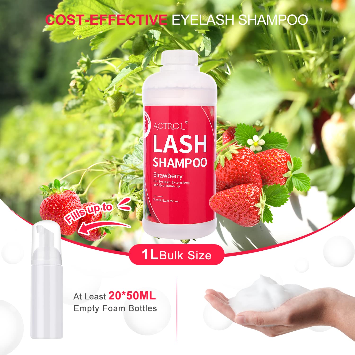 Actrol Eyelash Extension Cleanser Strawberry 1L Natural Lash Extension Shampoo Professional Eyelid Foaming Cleanser Paraben & Su