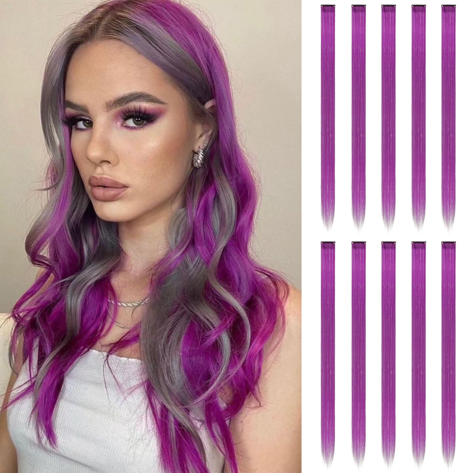 Feshfen Colored Hair Extensions, Grape Purple Clip In Hair Extension 10 Pcs Highlight Colorful Hair Piece Straight Synthetic Cli