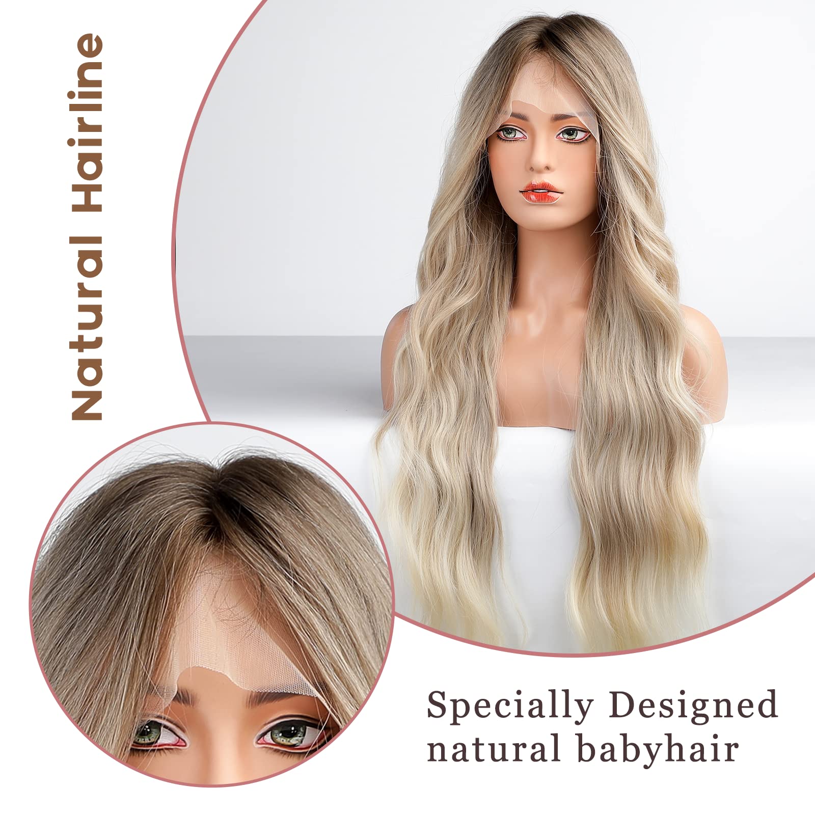 EMMOR Blonde Lace Front Wig Long Wavy Ombre Platinum Blonde Middle Part Lace Wigs for Women Gray Lace Wigs with Baby Hair