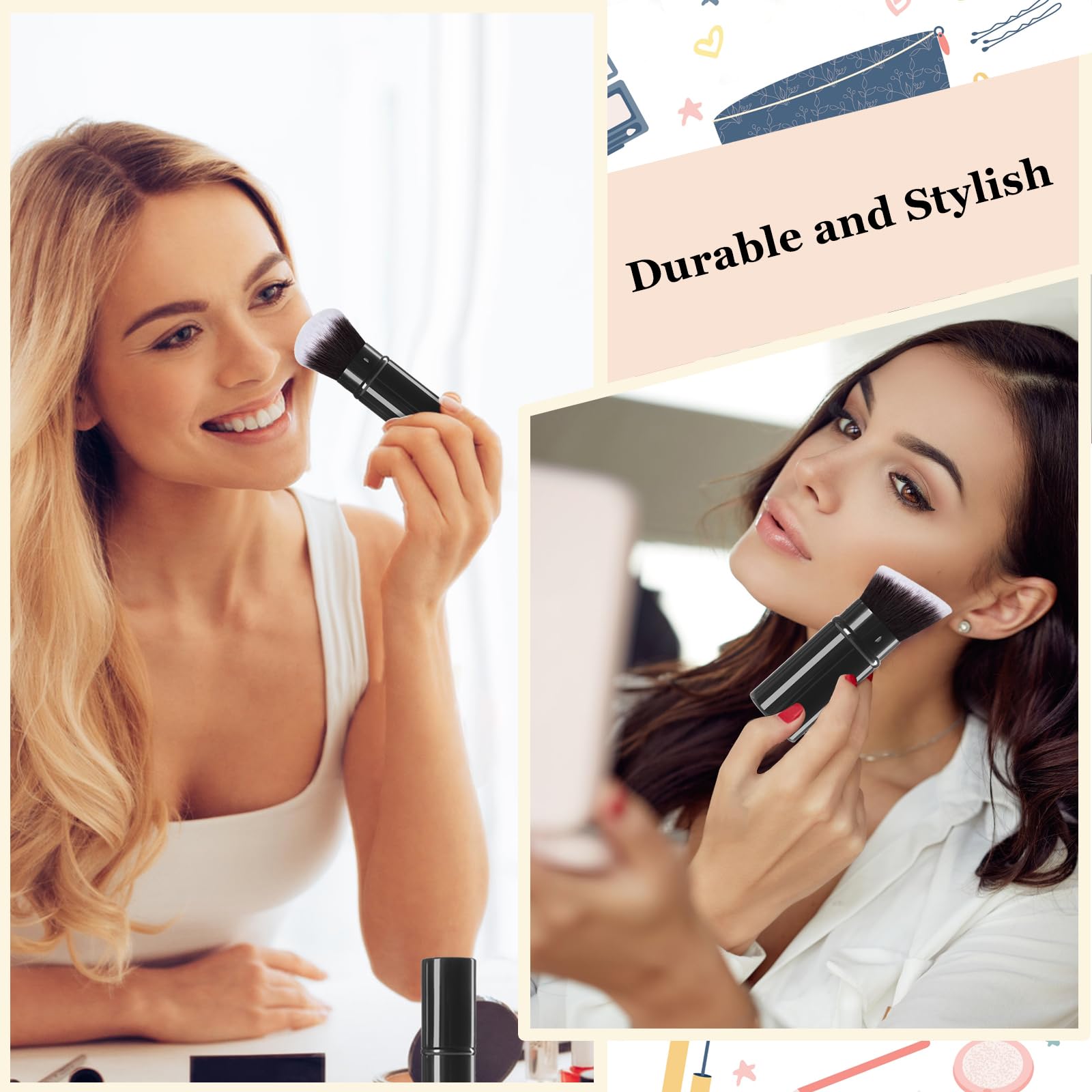 Keriloo Makeup Brush 2 Pack, Retractable Travel Kabuki Powder Makeup Brush, Foundation Face Blush Brushes For Blending Liquid, B