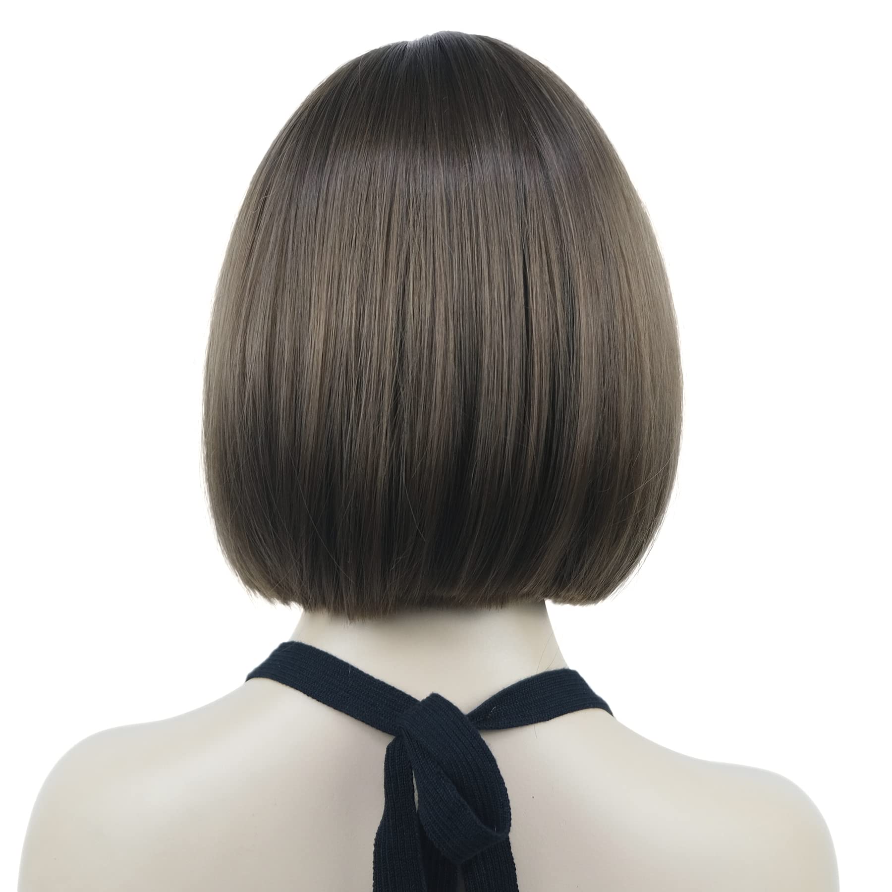 Lydell 8'' Straight Short Bob Wigs Heat Resistant Synthetic Hair Flat Bangs Cute Central Dot Skin (10 Medium Golden Brown)