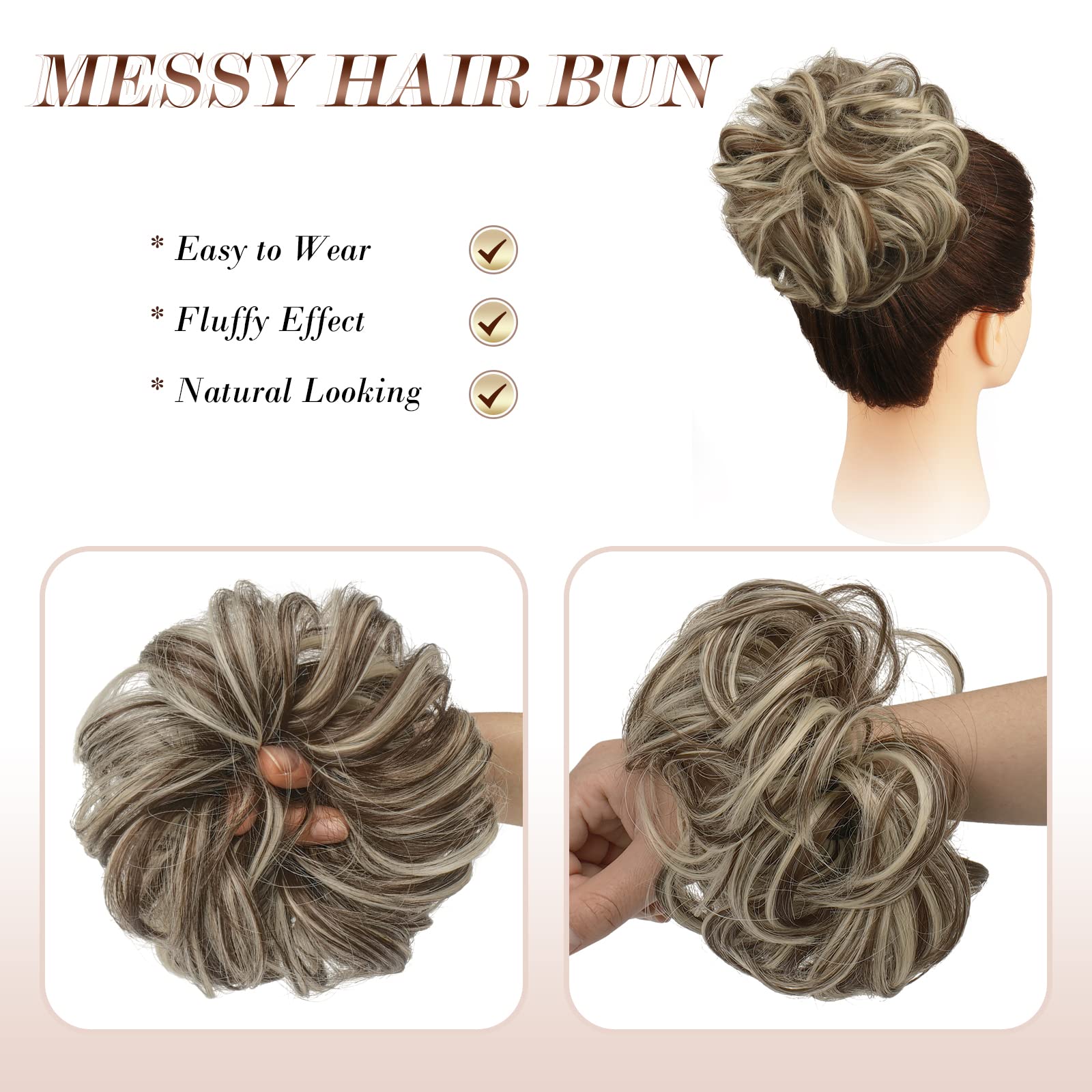 FESHFEN Messy Hair Bun Hair Pieces Wavy Curly Large Hair Bun Scrunchies Extensions Synthetic Tousled Updo Hairpieces for Women G