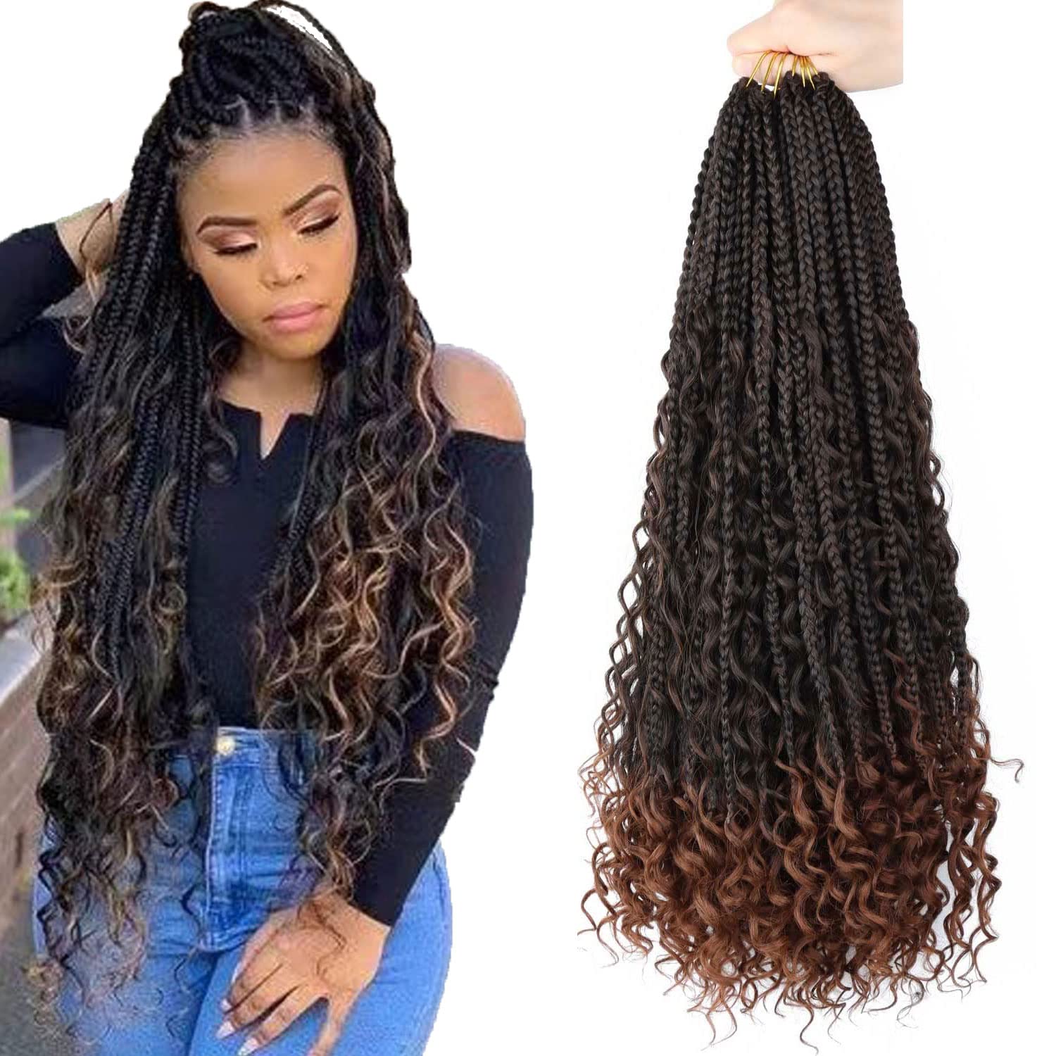 LMZIM 24 Inch 8 Packs Boho Box Braids Crochet Hair Bohemian Crochet Box Braids with Curly Ends Messy Pre-looped Hippie Braids Br