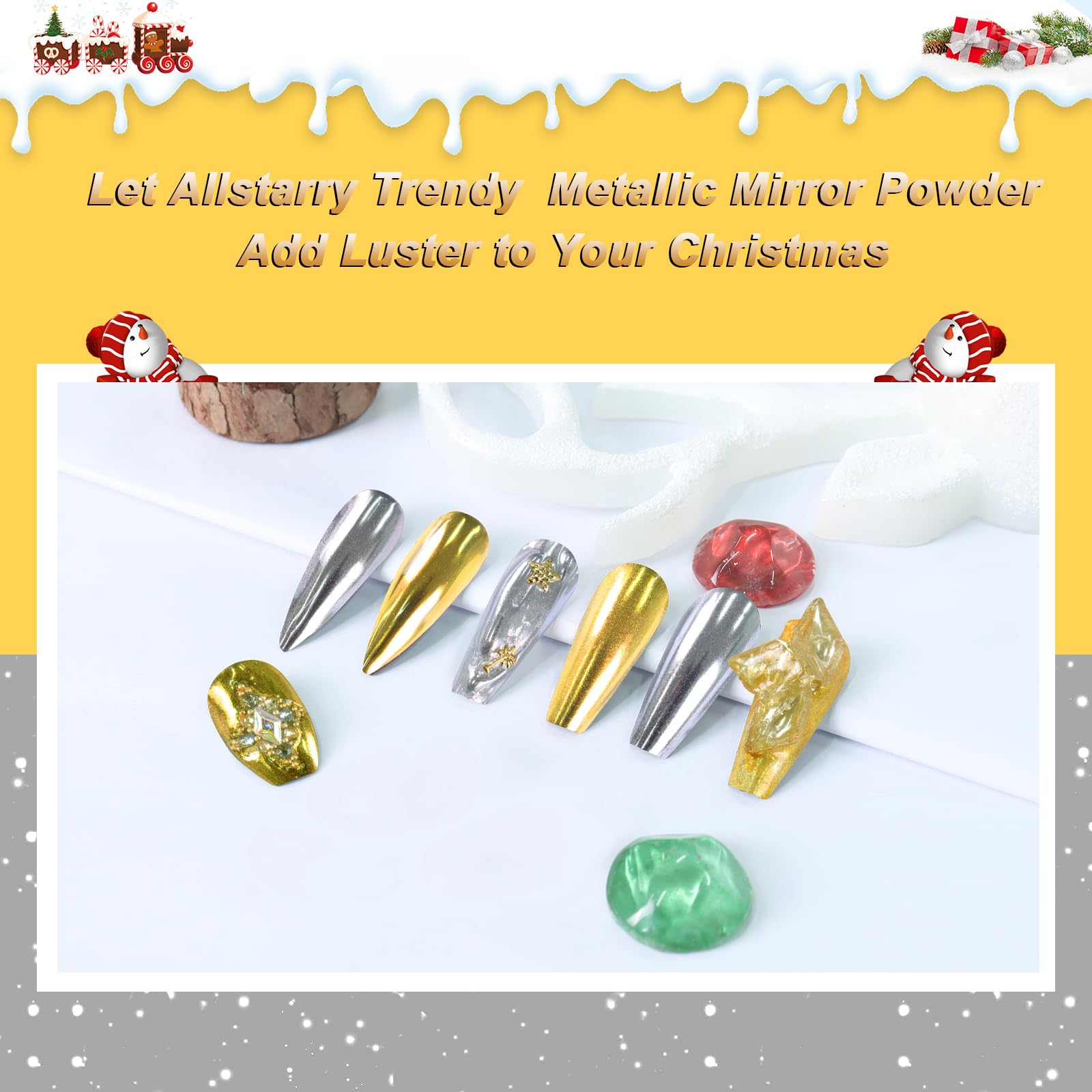 Allstarry Chrome Nail Powder, 2 Colors Metallic Effect Mirror Chrome Powder Pigment Shiny Holographic Manicure Pigment Gold Sive