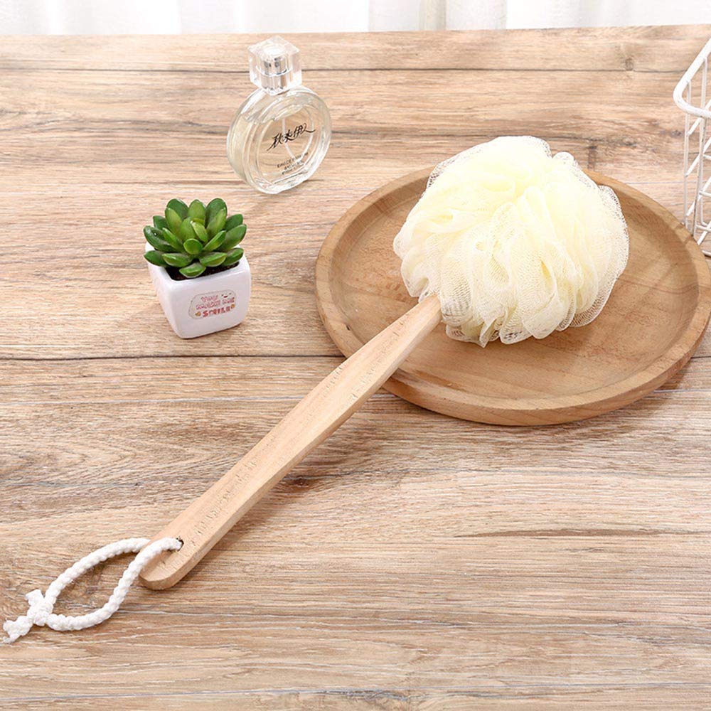 Arswin Loofah Back Scrubber For Shower, Wooden Long Handle Bath Sponge Lufa Shower Brush, Soft Nylon Mesh Back Cleaner Washer, B