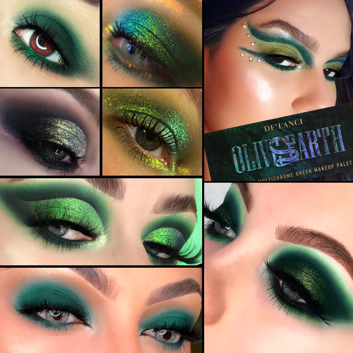 De'Lanci Glitter Olive Green 12 Colors Makeup Pallet, Multichrome Green Eyeshadow Palette, Matte Shimmer Light Dark Emerald Gree